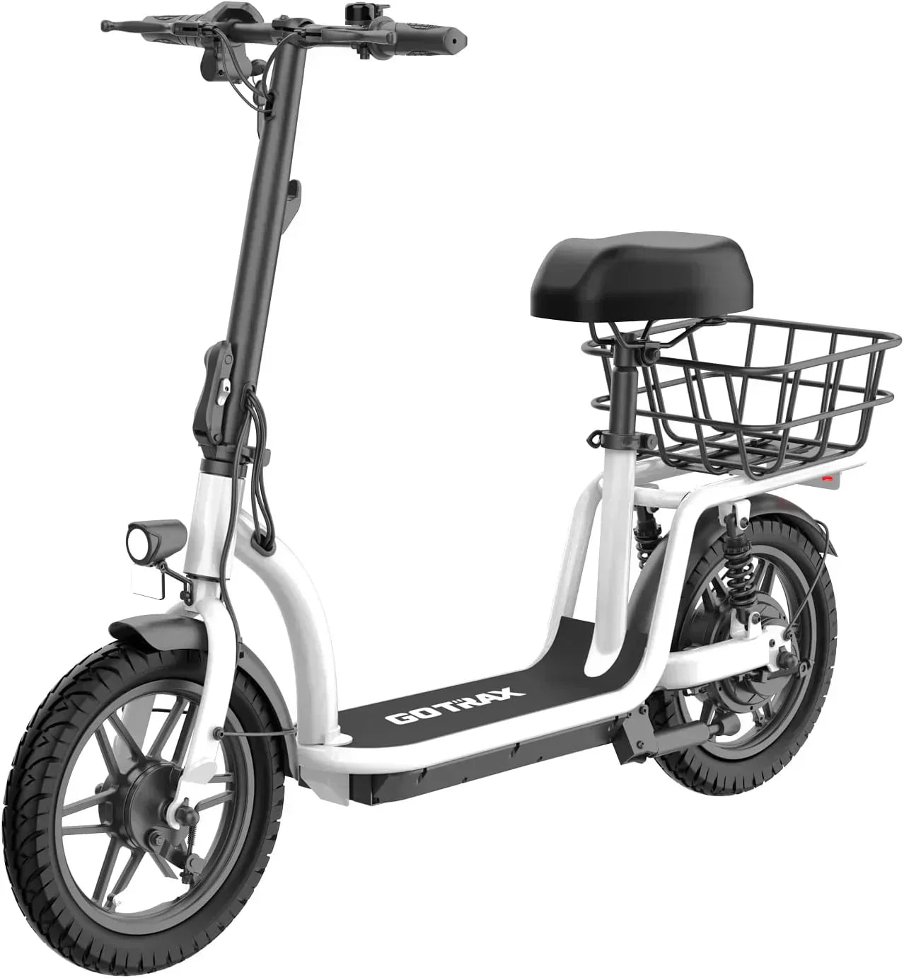 Gotrax adult electric scooter with seat maximum range of 19-25 miles all-terrain tires wide pedals wourant