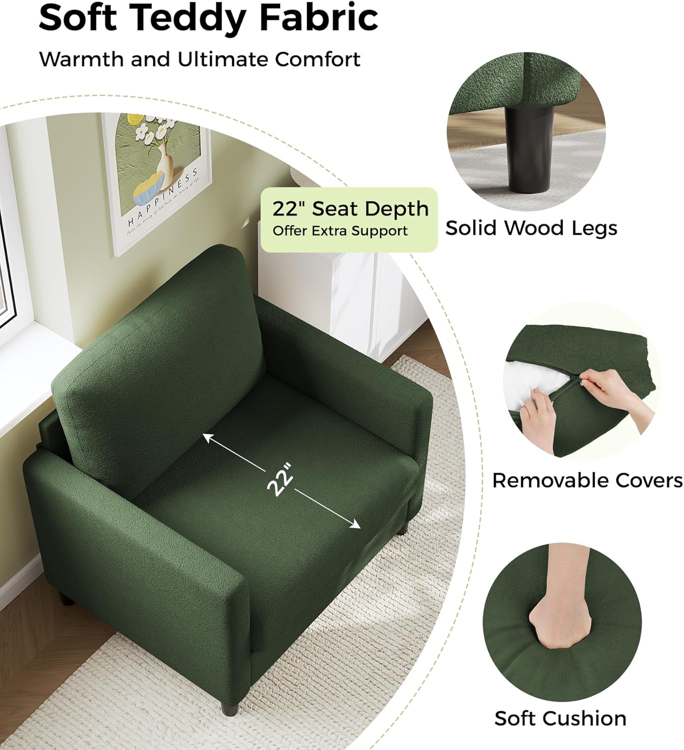 Loveseat Sofa 51" Love Seat Comfy Corduroy Small Loveseat Tool-Free Setup Couch wourant