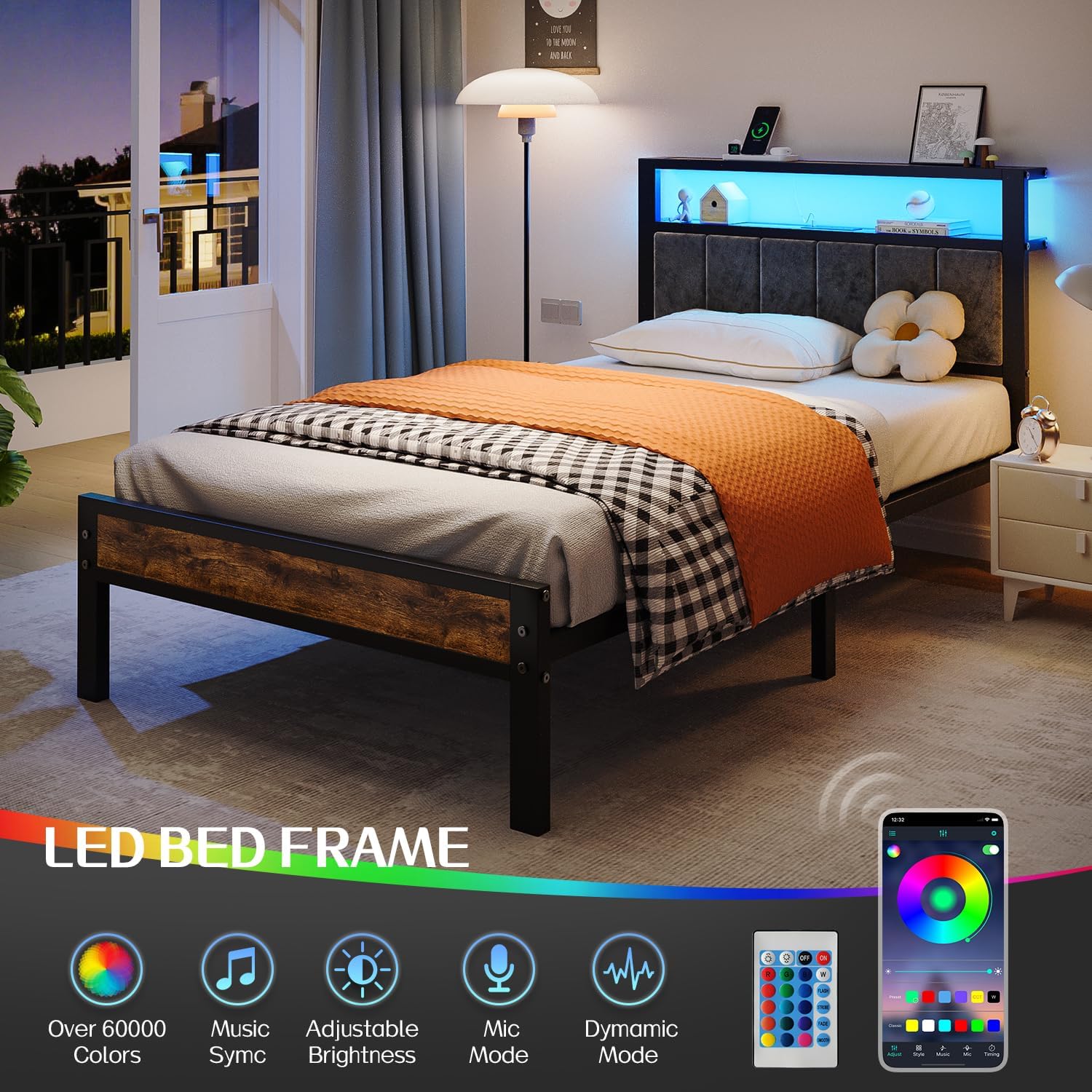 Queen Size Bed Frame with 2-Tier Storage Shelves Headboard Platform Bed with Charging Station wourant