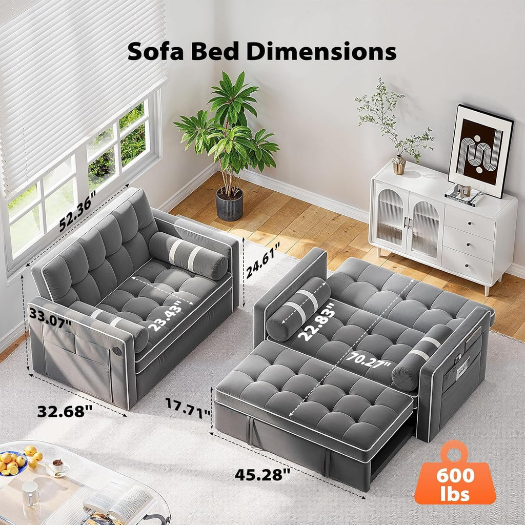 Pipishell 3 in 1 Convertible Sleeper Sofa Bed Pull Out Couch for Living Room USB Ports Side Pockets wourant