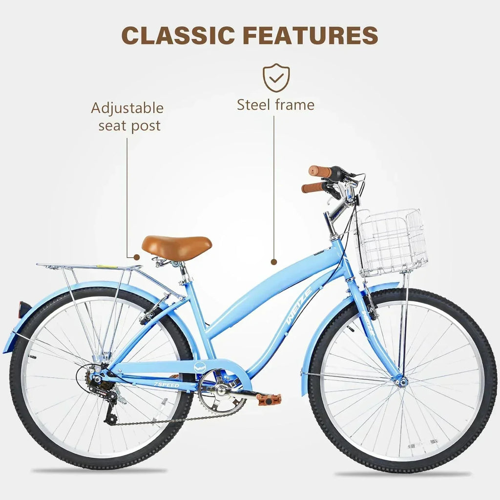 WEIZE Beach Cruiser Bike 26 inch Commuter Bicycle for Adult Men and Women 7-Speed/High-Carbon wourant