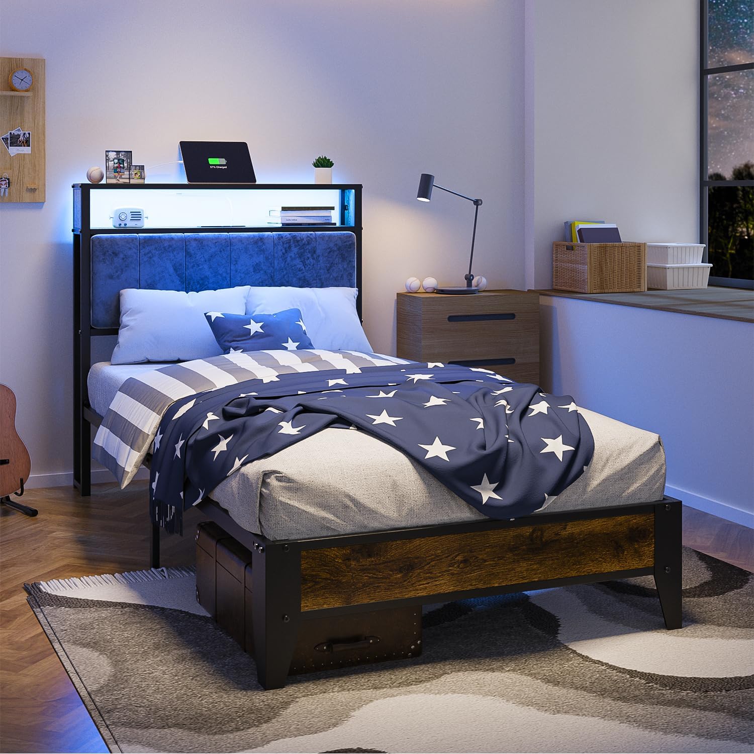 OLEVS Single Bed Frame LED Light Storage Headboard Type C Charging Station Metal Platform Bed wourant