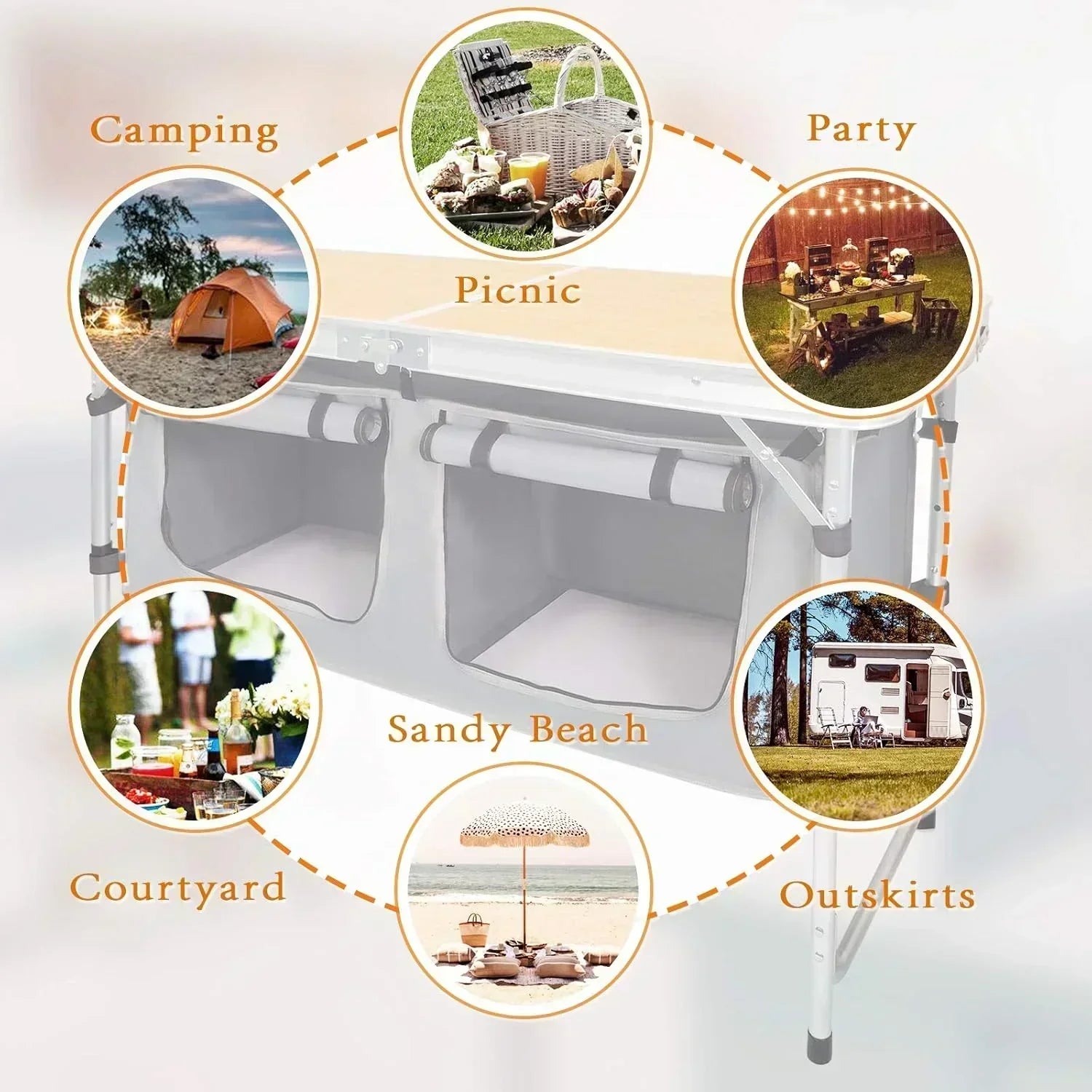 Outdoor Folding Table Aluminum Lightweight Height Adjustable with Storage Organizer wourant