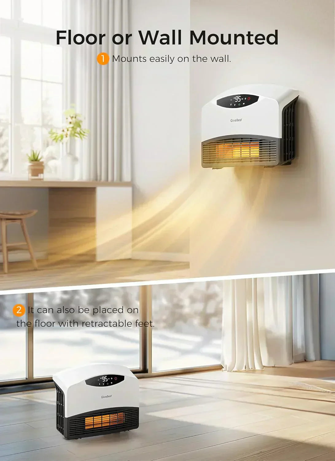 Wall mounted electric heater with WiFi and remote control floor standing heater 1500W wourant