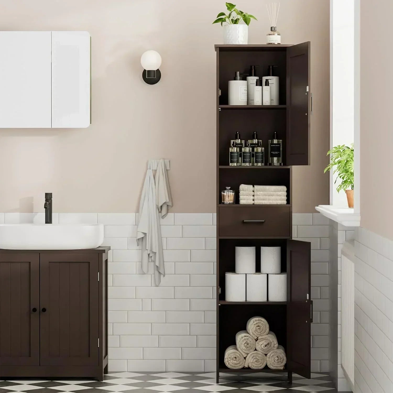 Homhedy 67" H Tall Bathroom Storage Cabinet with 2 Barn Doors and 1 Drawer Narrow Storage Unit wourant