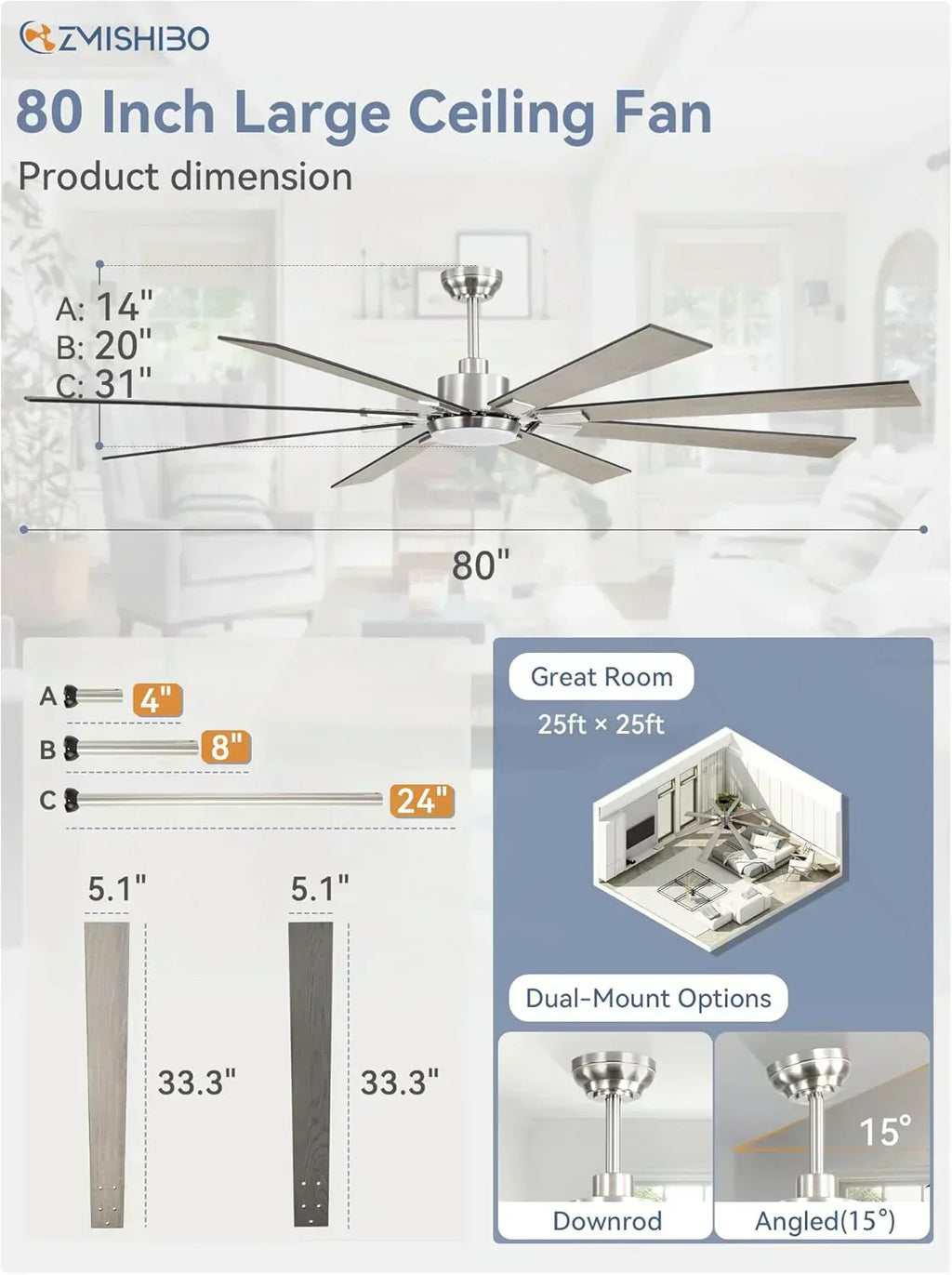 Zmishibo 72-inch large ceiling fan with lighting and remote indoor/outdoor wourant