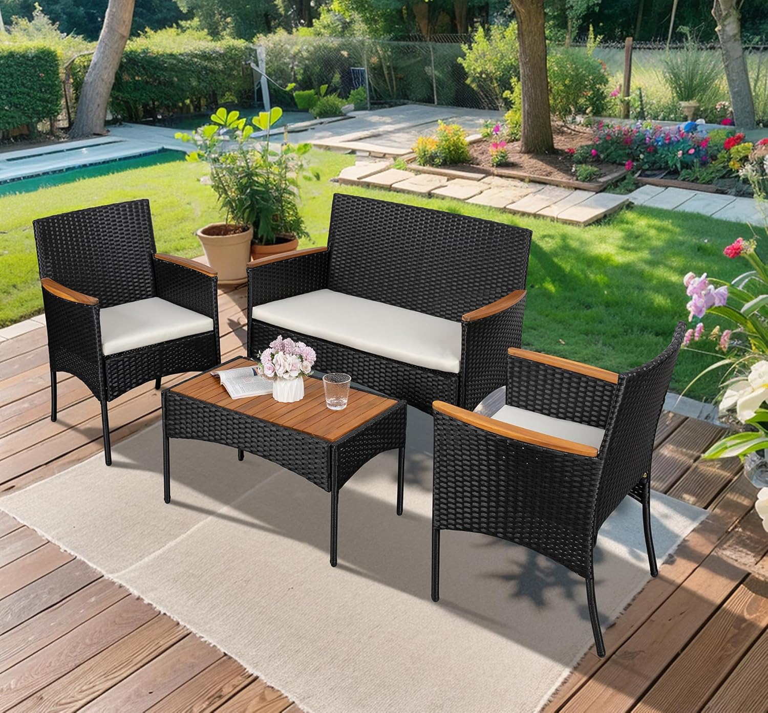 Shintenchi 4-Piece Patio Furniture Set Outdoor Wicker Patio Conversation Furniture Set with Cushions wourant