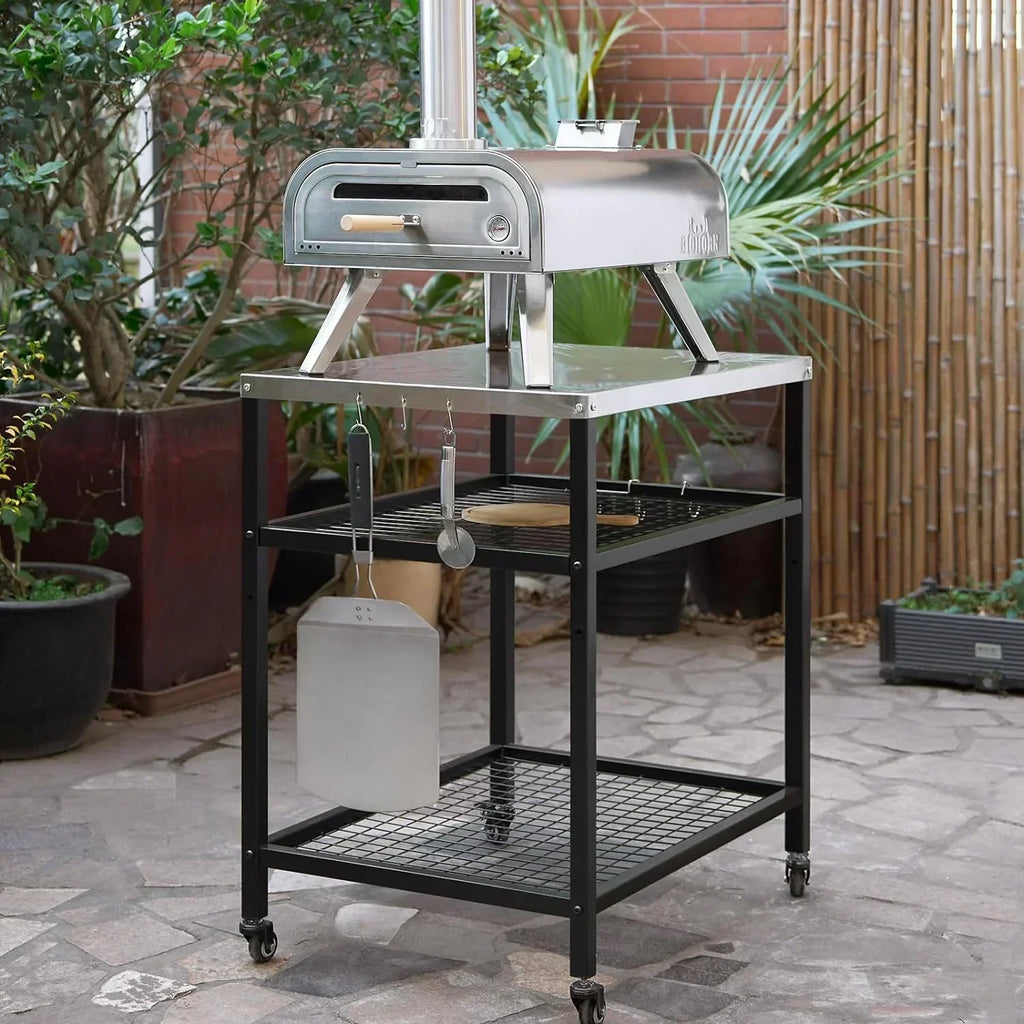Stainless Steel Outdoor Grill Cart Pizza Oven Stand Trolley Table with Wheels Three-Shelf wourant