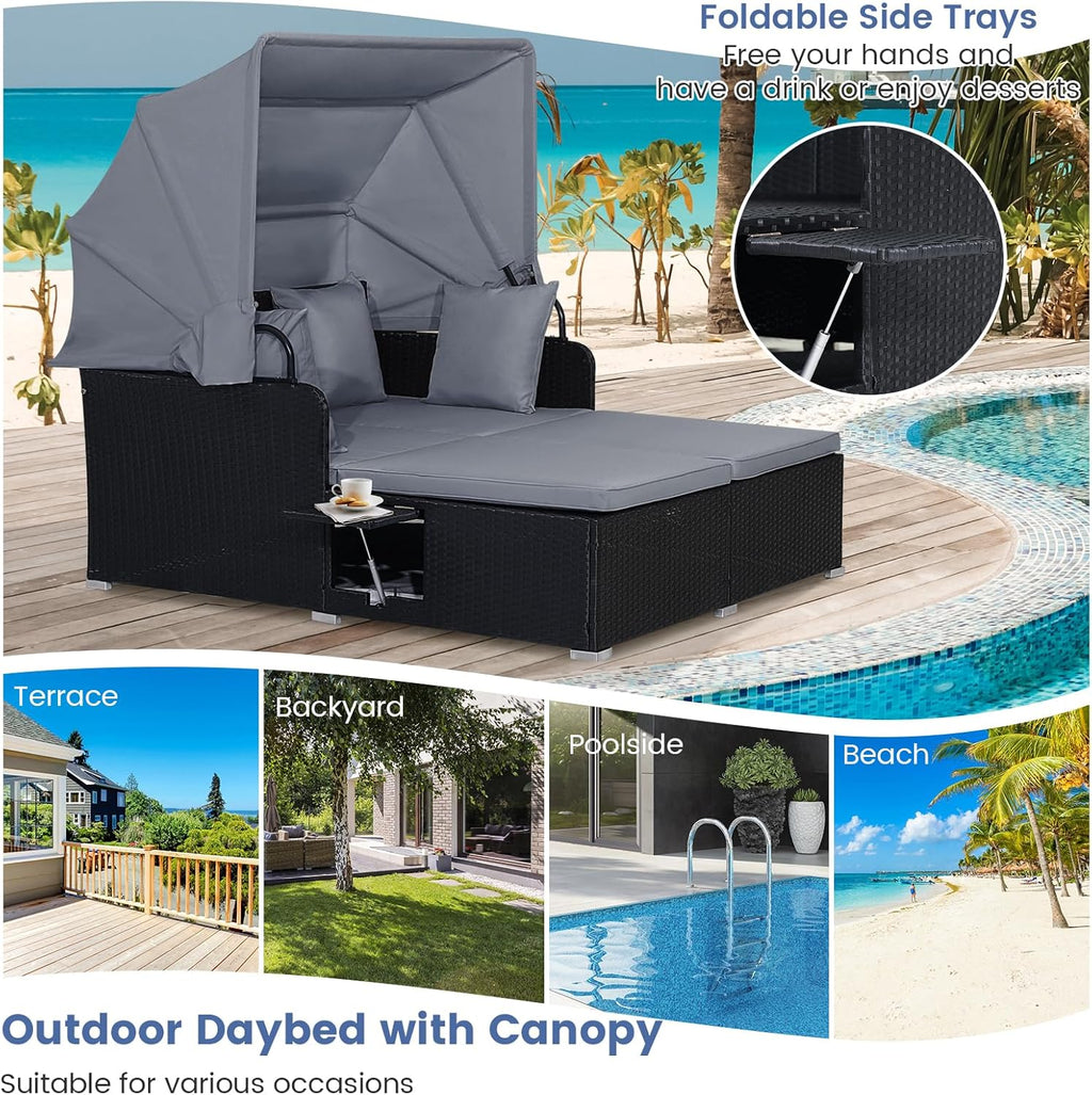 RELAX4LIFE Patio Outdoor Daybed with Canopy Wicker Sunbed Cushions 4 Pillows wourant