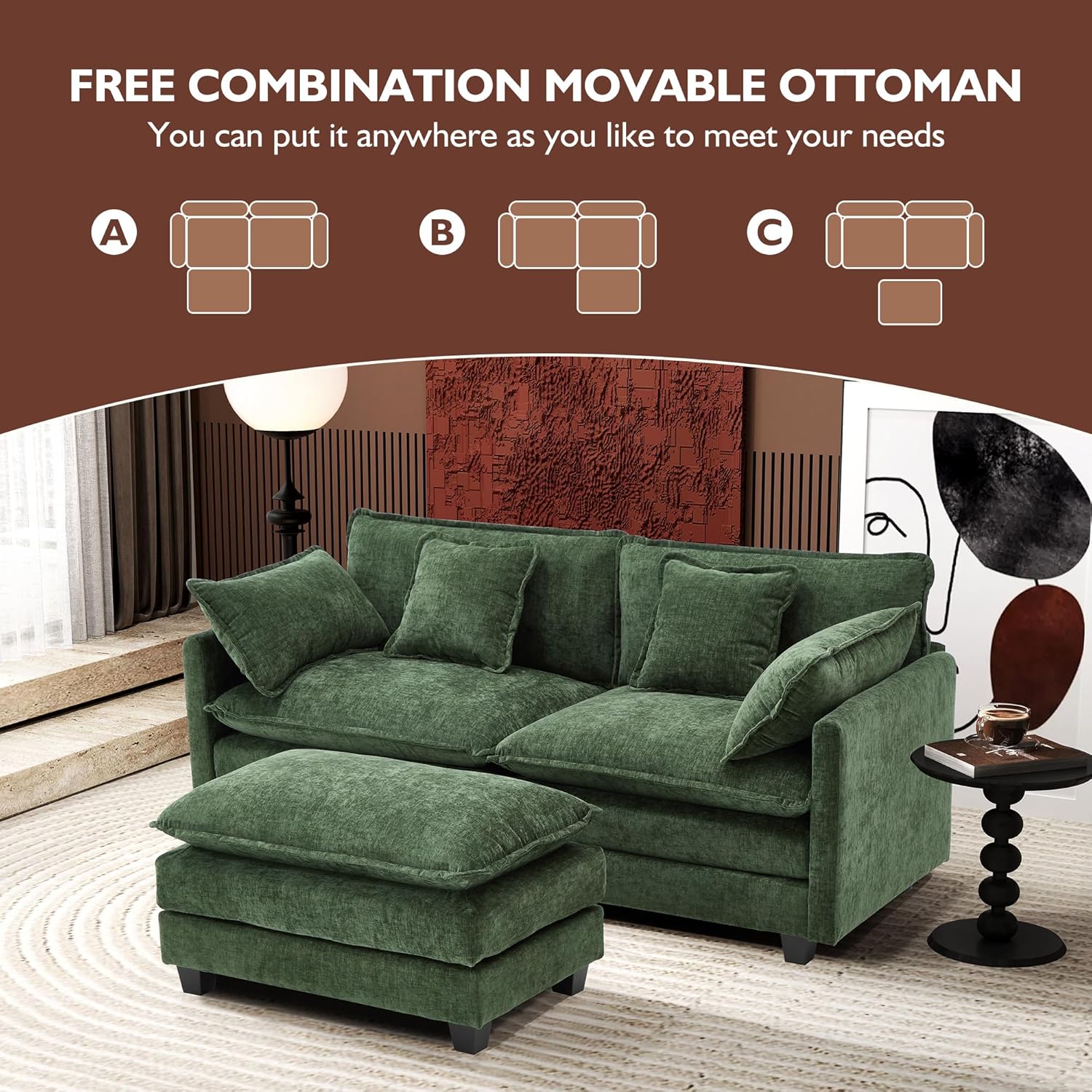 111.4 Inch L Shaped Modern Sofa Modular Cloud Sofa with Ottoman 4 Seater Chenille Deep Seat Sofa wourant