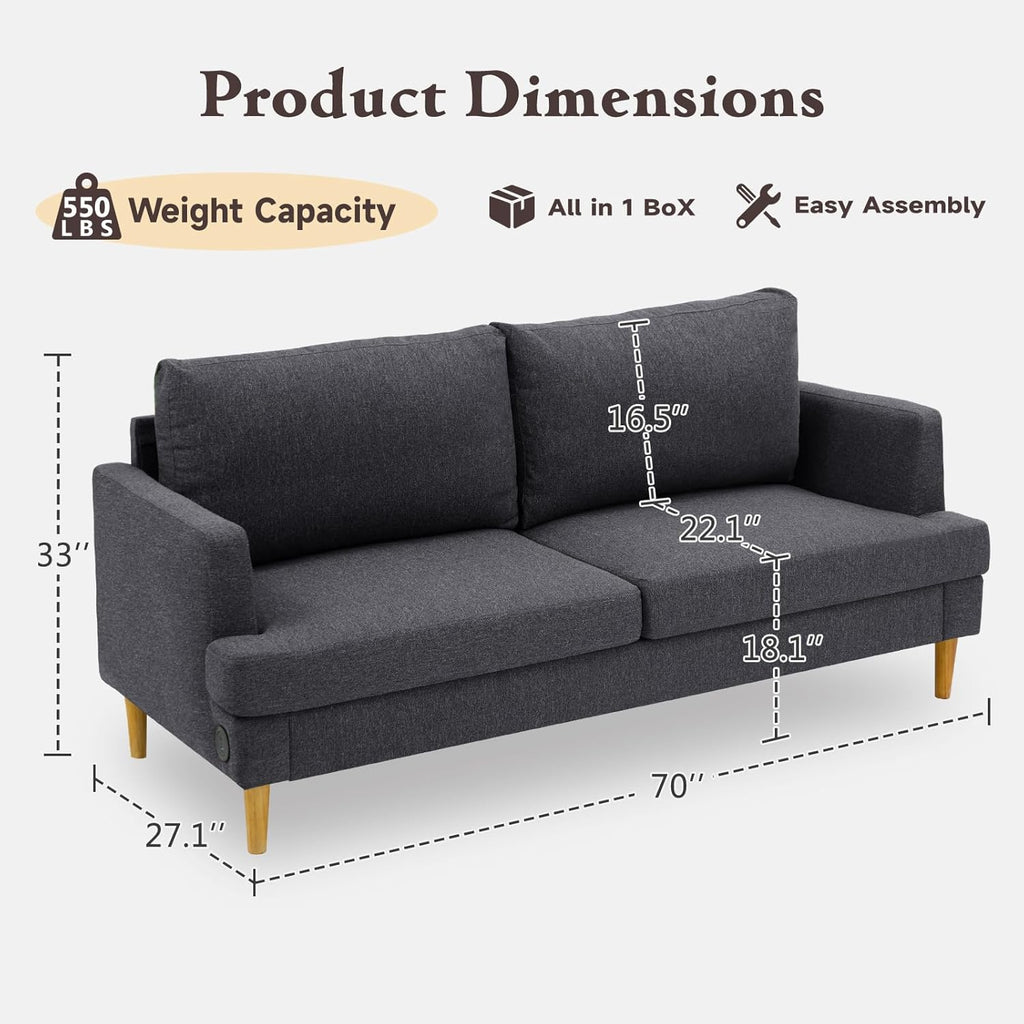 Loveseat Sofa Couch for Living Room with USB Type C Ports Dark Gray Upholstered Small Couches wourant