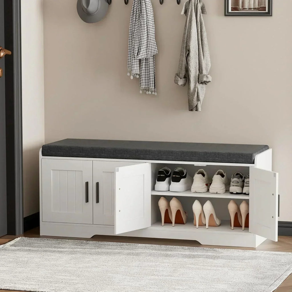 2-Tier Storage Bench Shoe Bench with Thickened Padded Seat Cushion Entryway Bench wourant