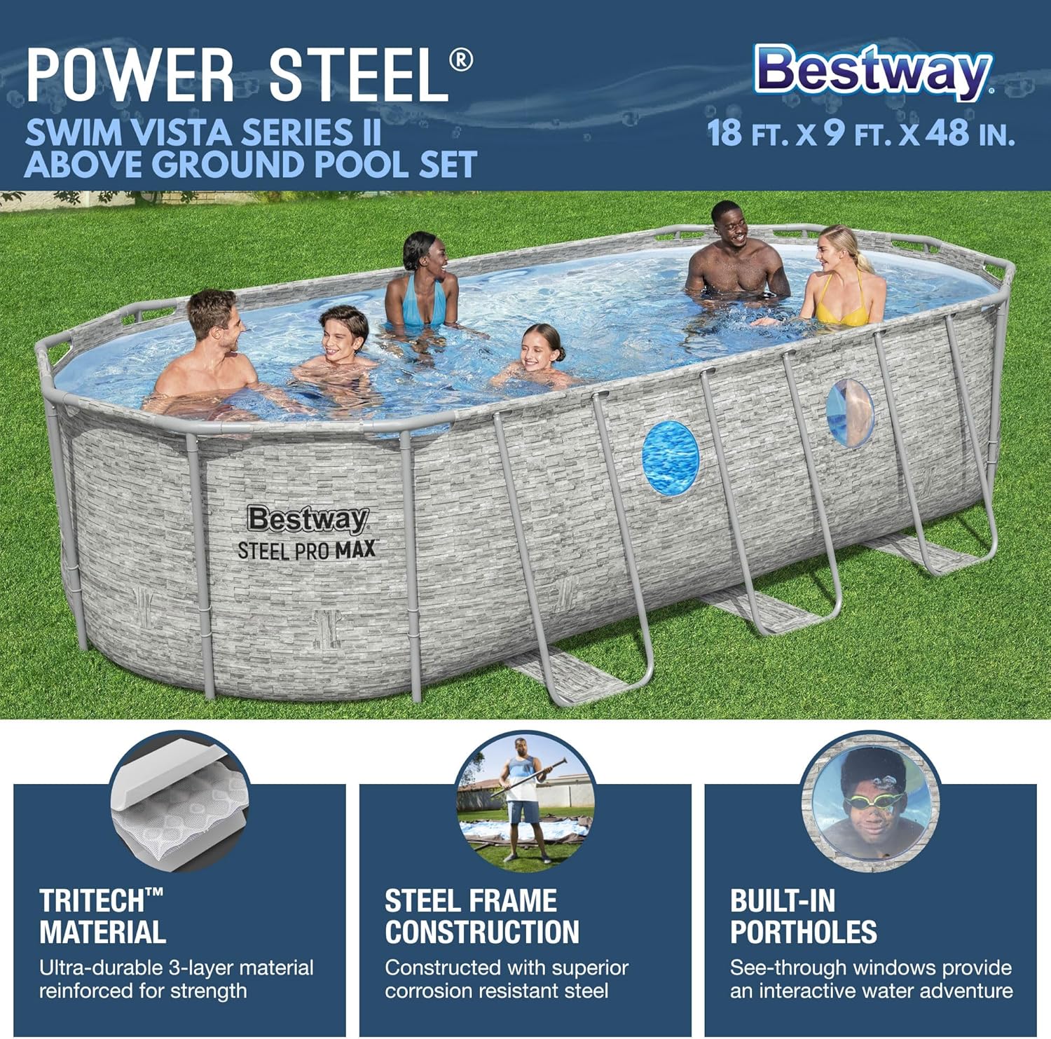 Power Steel Swim Vista Series II 14' x 8' 2" x 39.5" Above Ground Outdoor Swimming Pool Set wourant