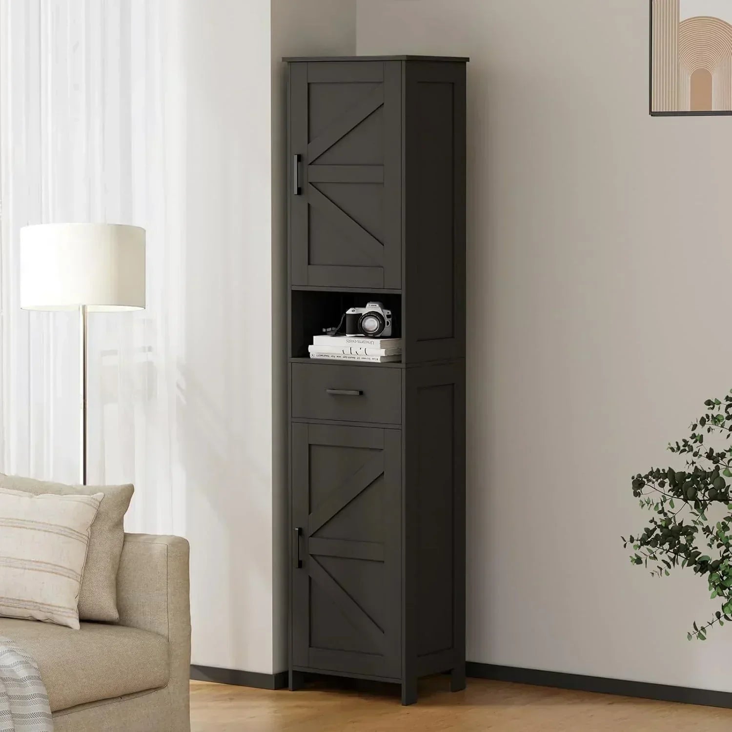 Homhedy 67" H Tall Bathroom Storage Cabinet with 2 Barn Doors and 1 Drawer Narrow Storage Unit wourant