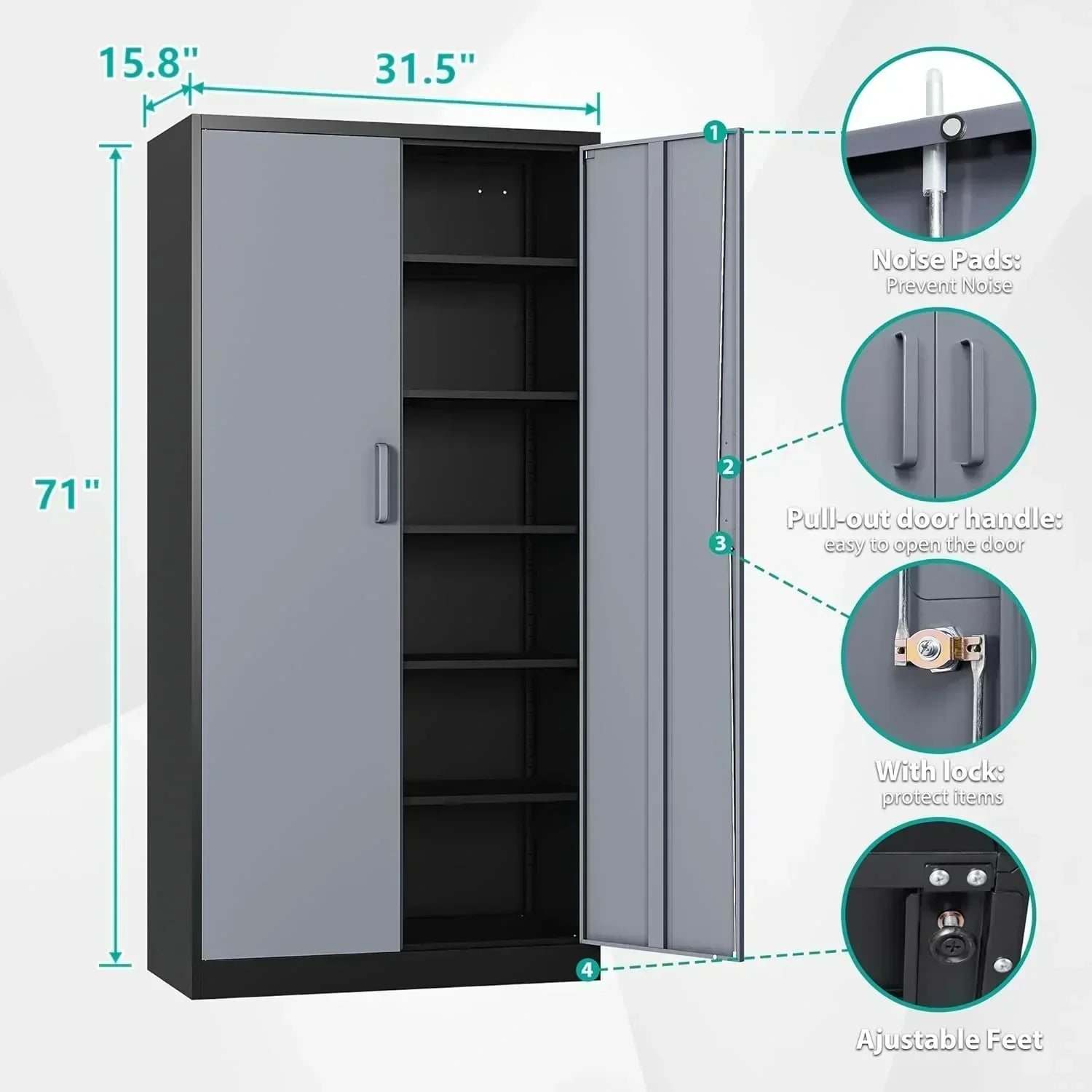 Metal Storage Cabinet with 2 Doors and 6 Shelves Black Metal Cabinet Garage Storage Cabinet wourant