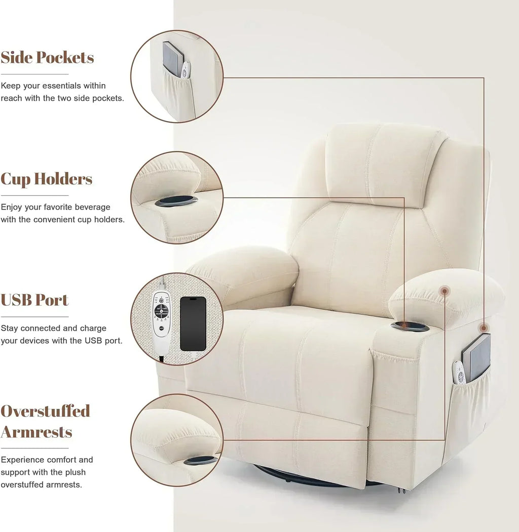 Large Swivel Rocking Recliner with Massage Function 360 Degree Swivel Rocking Single Sofa wourant