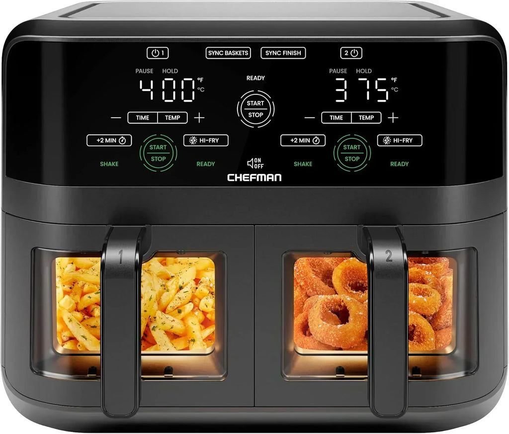 Chefman 6-Quart Double Basket Air Fryer Easy View Window uses two separate nonstick pans wourant