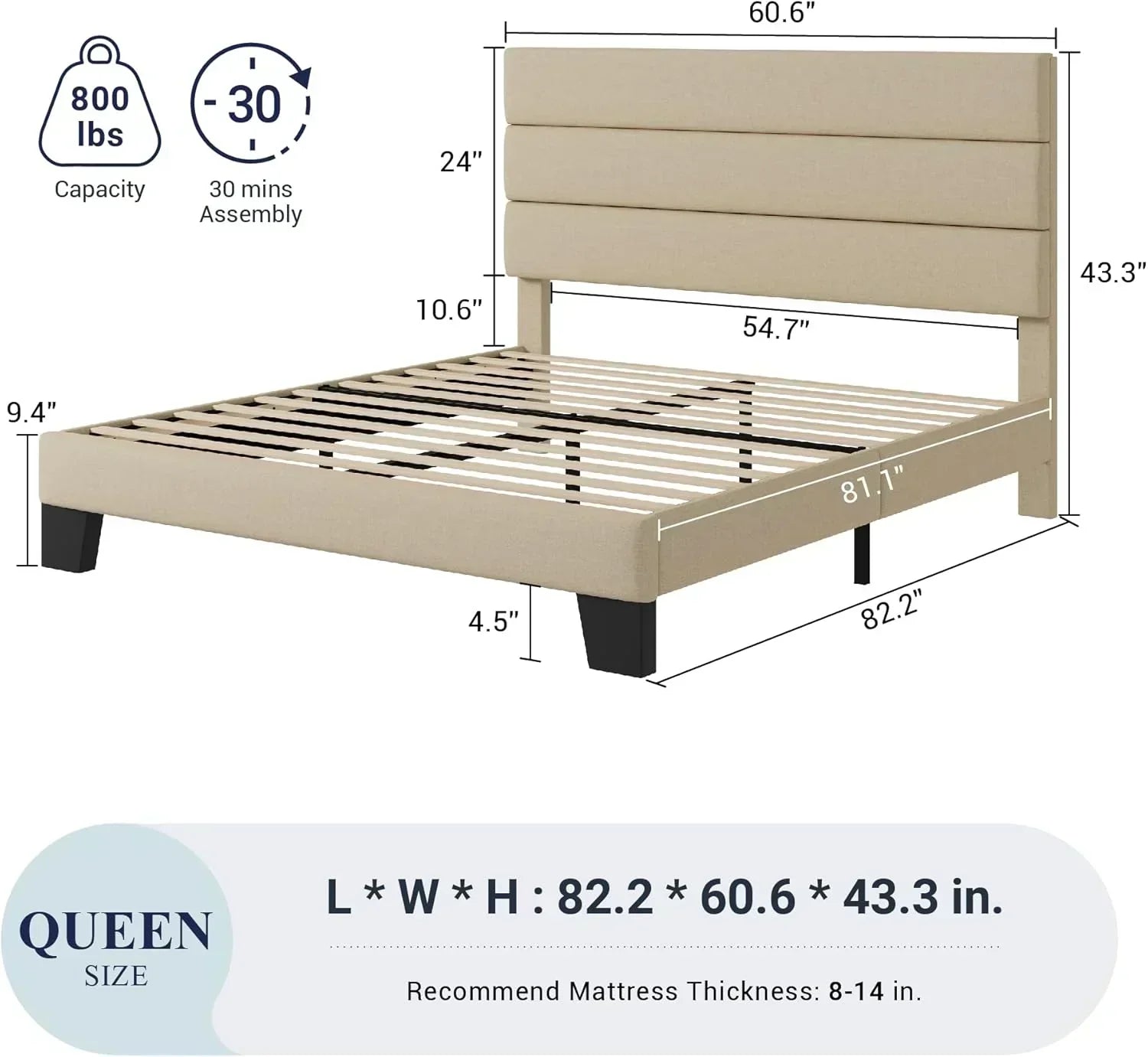 Allewie Queen Size Platform Bed Frame with Fabric Upholstered Headboard Wooden Slats Support wourant
