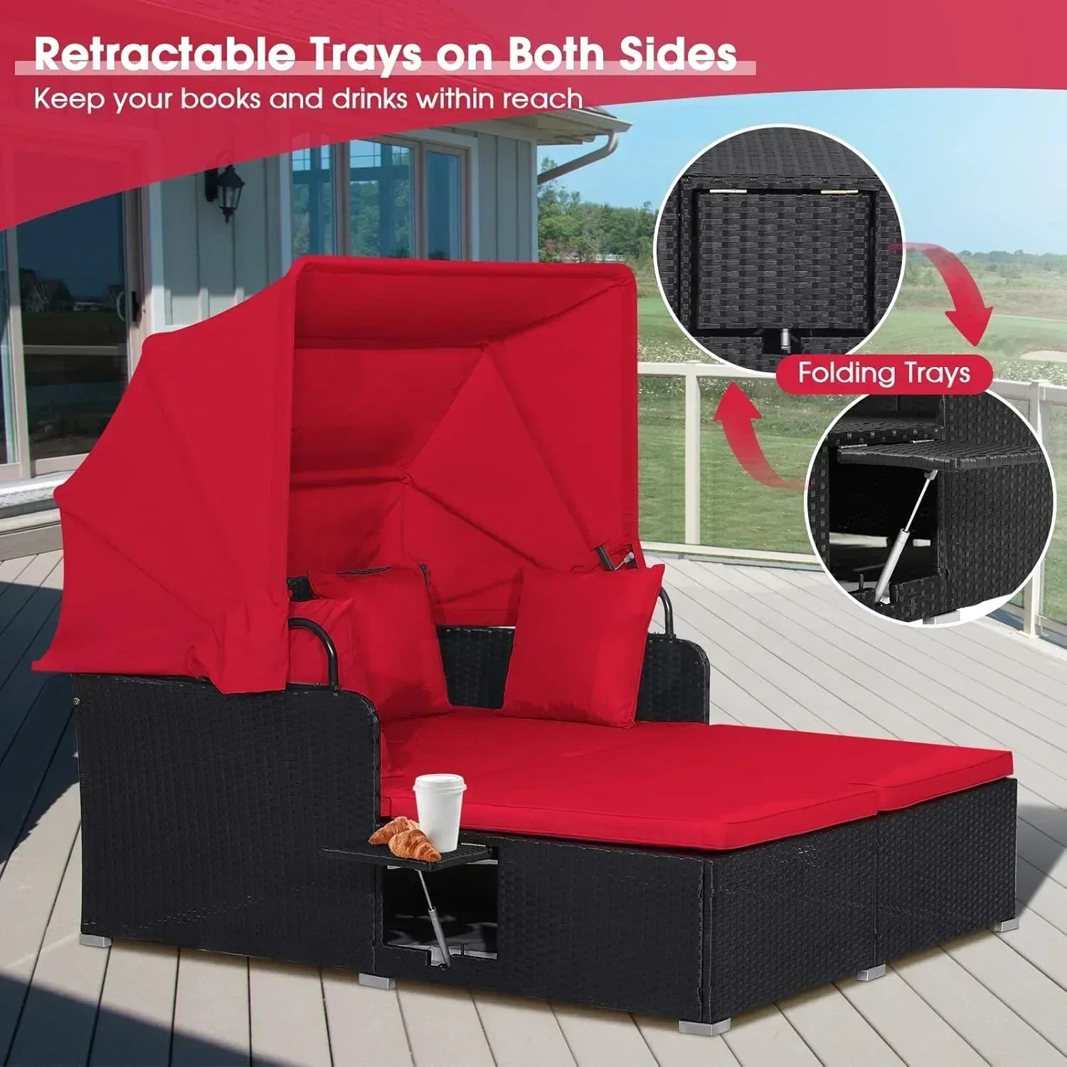 RELAX4LIFE Patio Outdoor Daybed with Canopy Wicker Sunbed Cushions 4 Pillows wourant