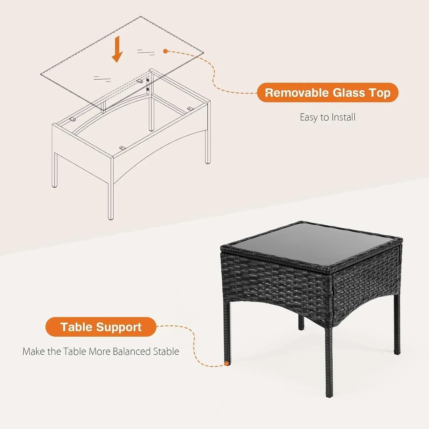 Sweetcripy Patio Furniture Set 3 Pieces Outdoor Furniture with Soft Cushion and Glass Table wourant
