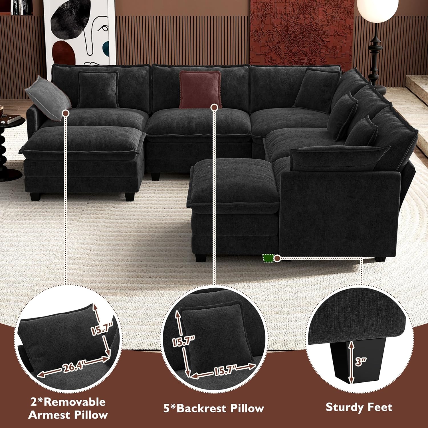 ihanherry 146-inch U-shaped modern sofa modular area cloud sofa wourant