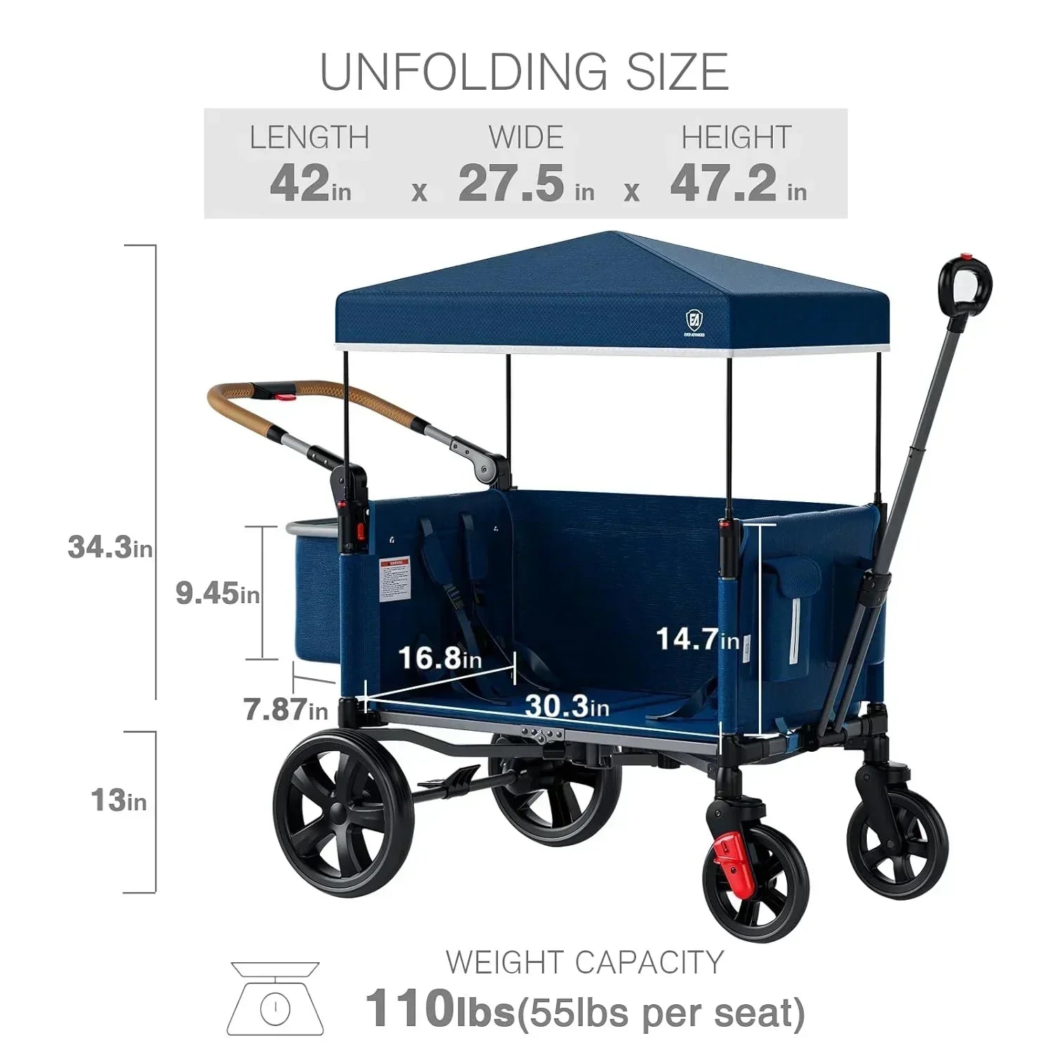 EVER ADVANCED Side-unzip Wagon Stroller for 2 Kids Push Pull Stroller with Adjustable Handle wourant