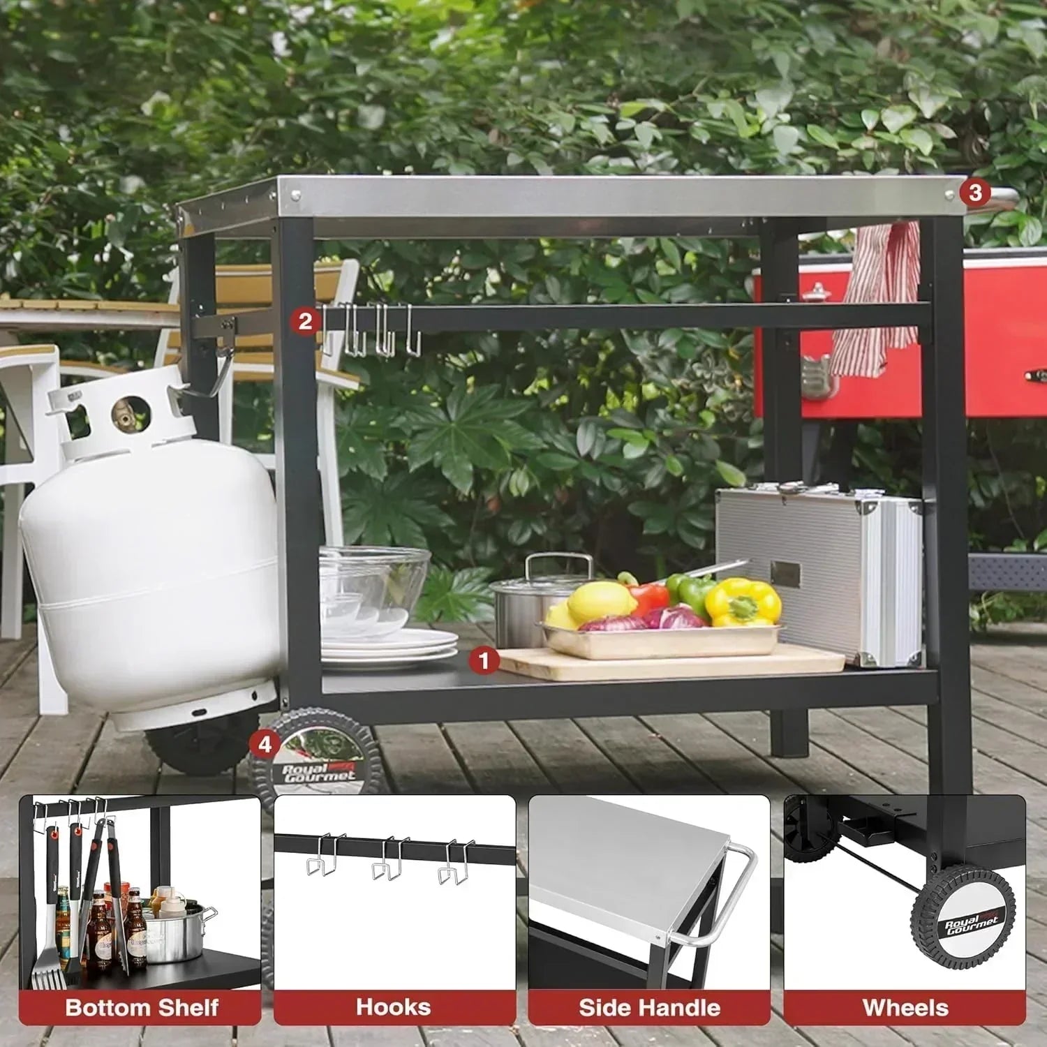 Royal Gourmet Dining Cart Table with Double-Shelf Movable Stainless Steel Flat Top Grill Cart wourant