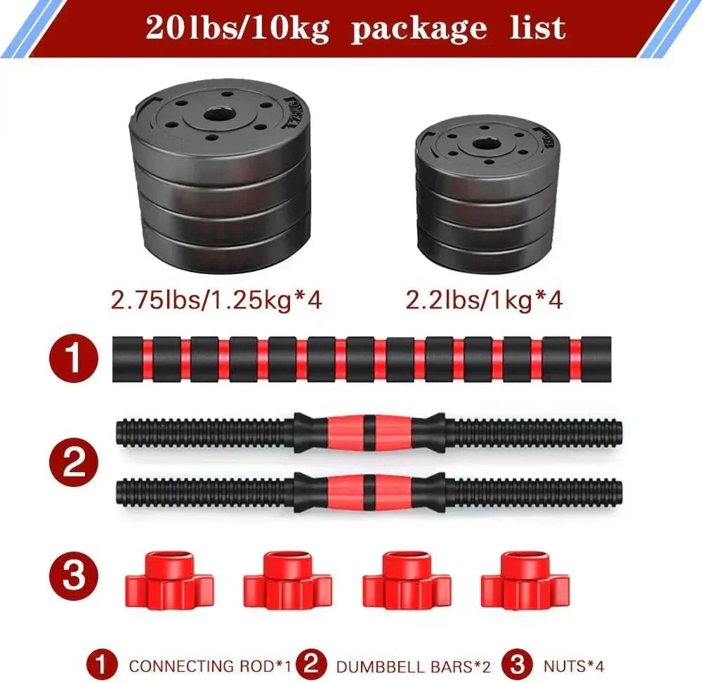 Adjustable dumbbell set, free weight dumbbell pair convertible into barbell wourant