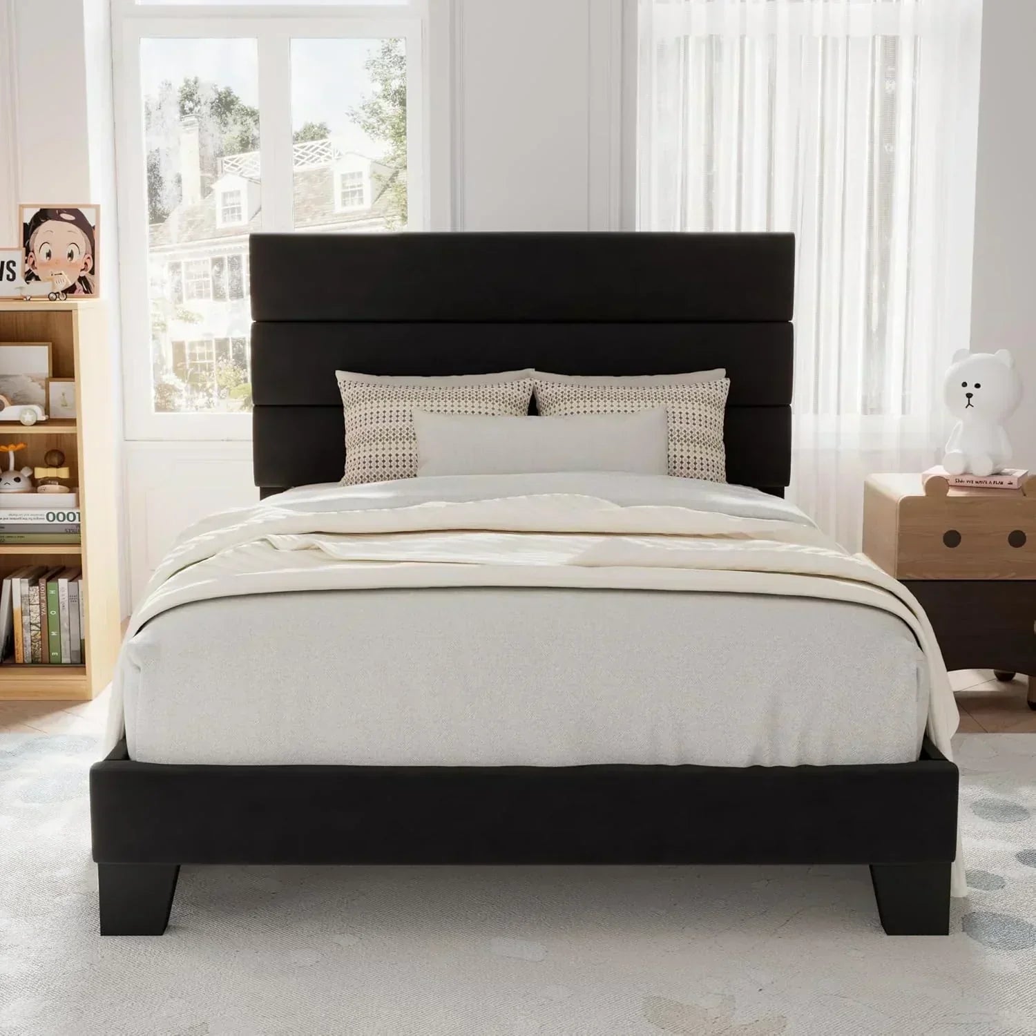 Allewie King size platform bed frame with velvet upholstered headboard and planks wourant