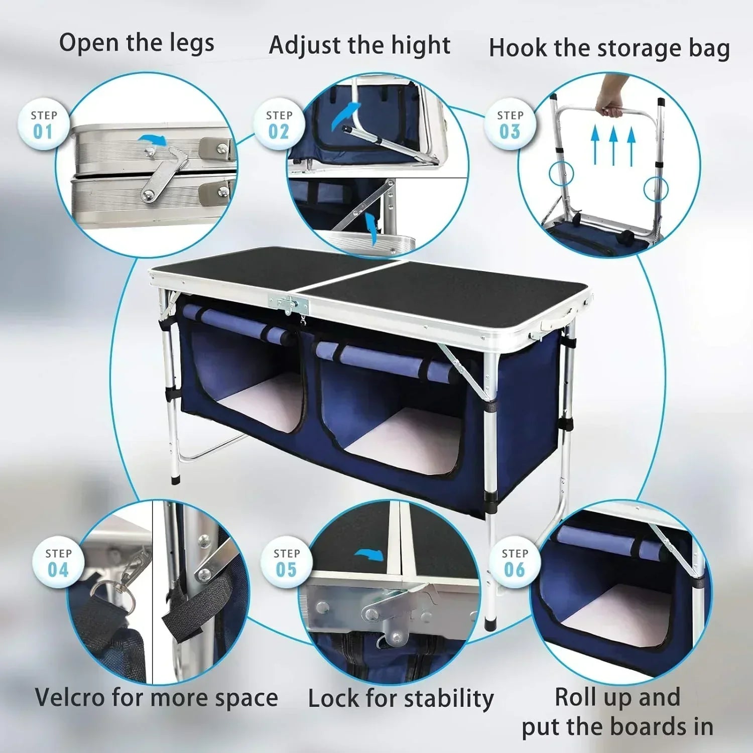 Outdoor Folding Table Aluminum Lightweight Height Adjustable with Storage Organizer wourant