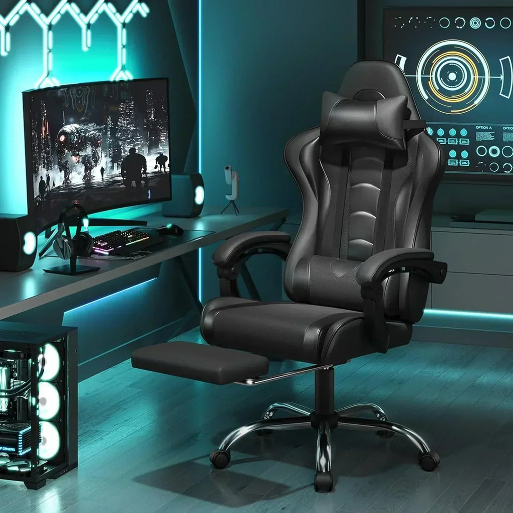 Gaming Chair with Massage Lumbar Support and Footrest Height Office Gaming Chair wourant