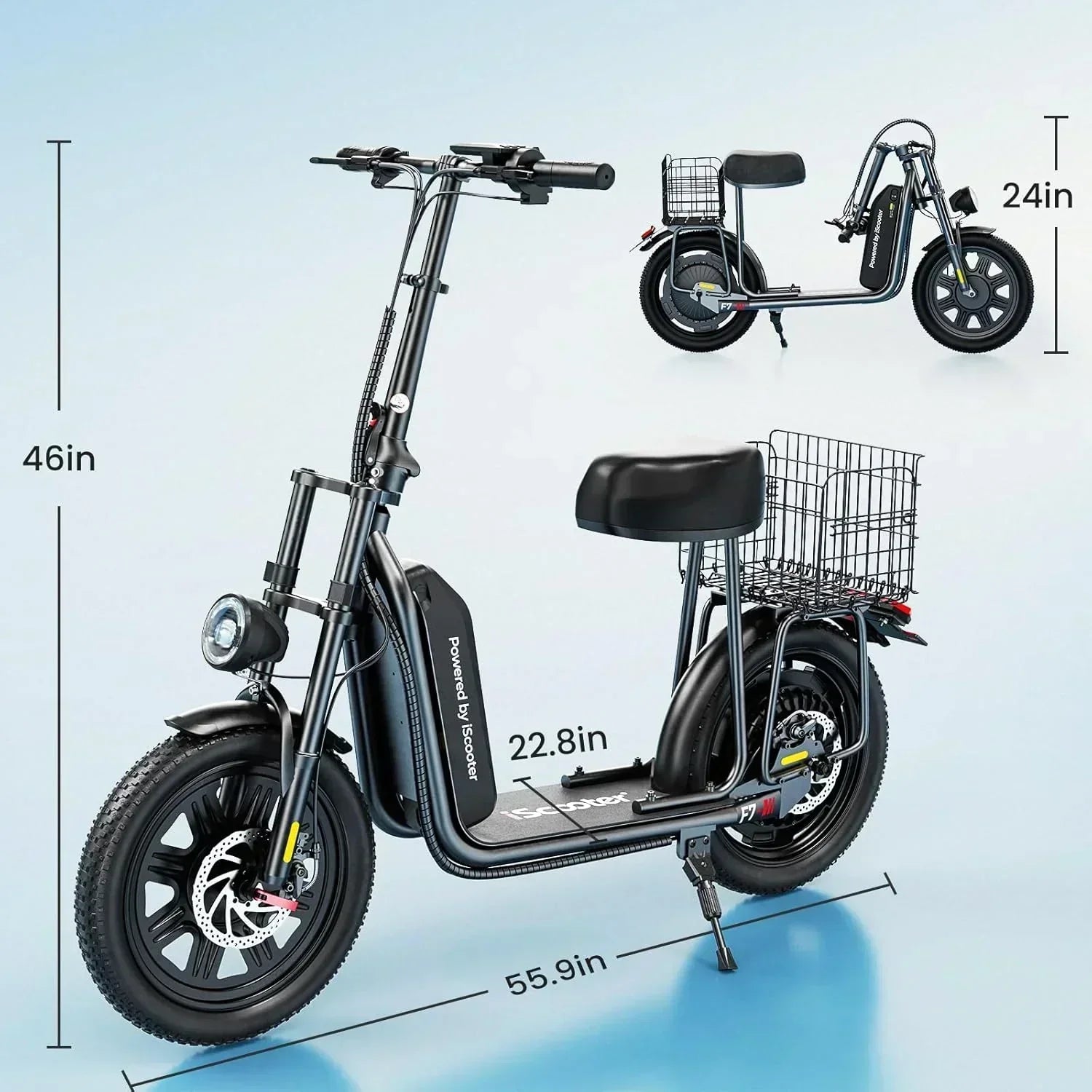 iScooter electric scooter with seat 28/19/15.6 mph top speed dual suspension scooter wourant