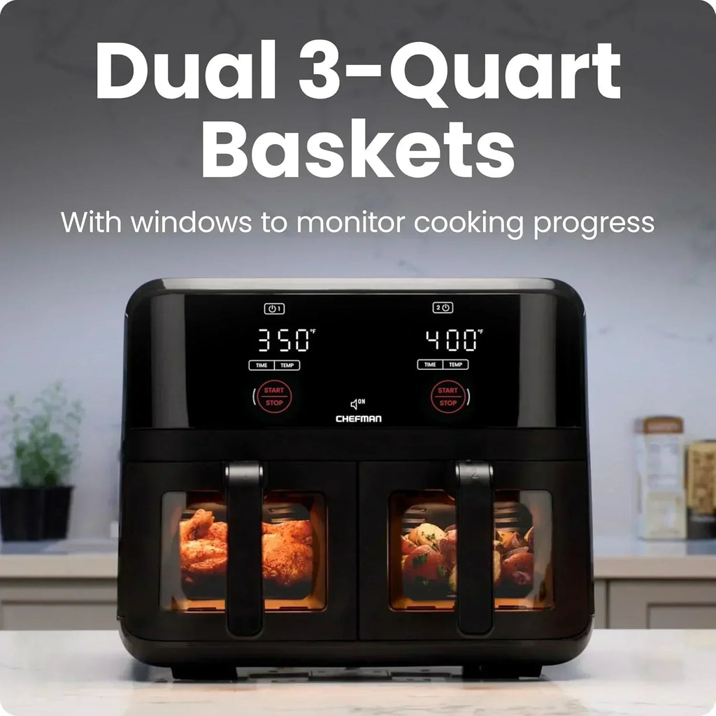 Chefman 6-Quart Double Basket Air Fryer Easy View Window uses two separate nonstick pans wourant