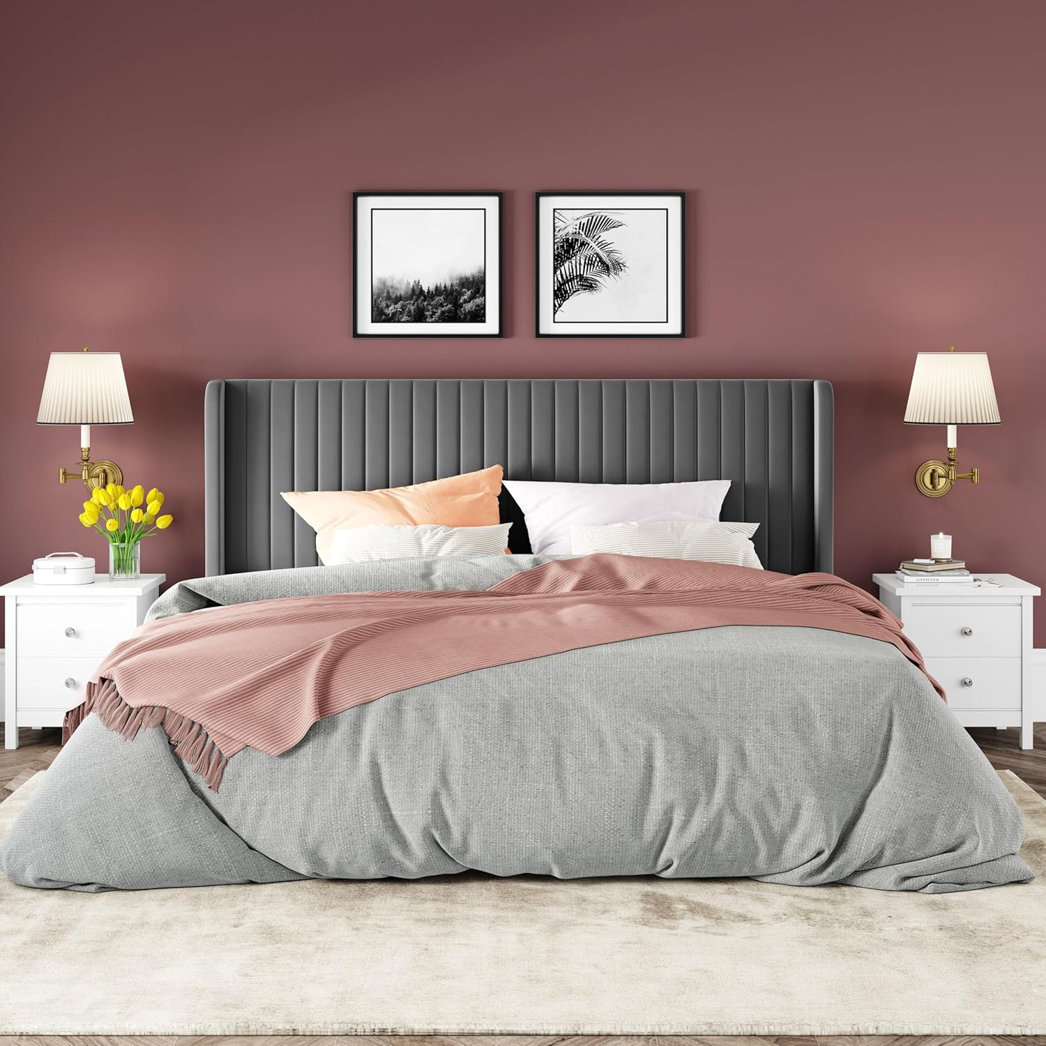 Allewie Full Size Velvet Bed Frame Vertical Channel Tufted Wingback Headboard Upholstered Bed wourant