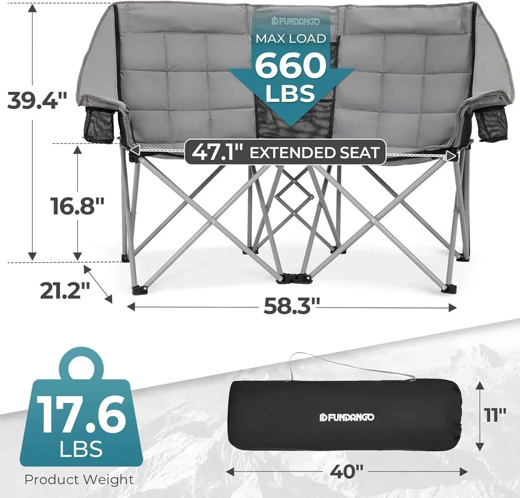 Double Camping Chair Cooler 3-Person Folding Extra Large Camping Chair 1000-Pound Capacity wourant