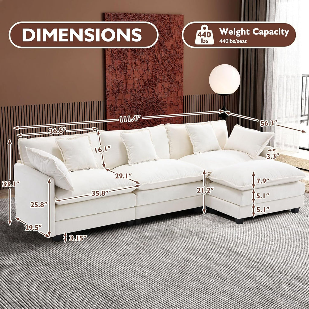 111.4 Inch L Shaped Modern Sofa Modular Cloud Sofa with Ottoman 4 Seater Chenille Deep Seat Sofa wourant
