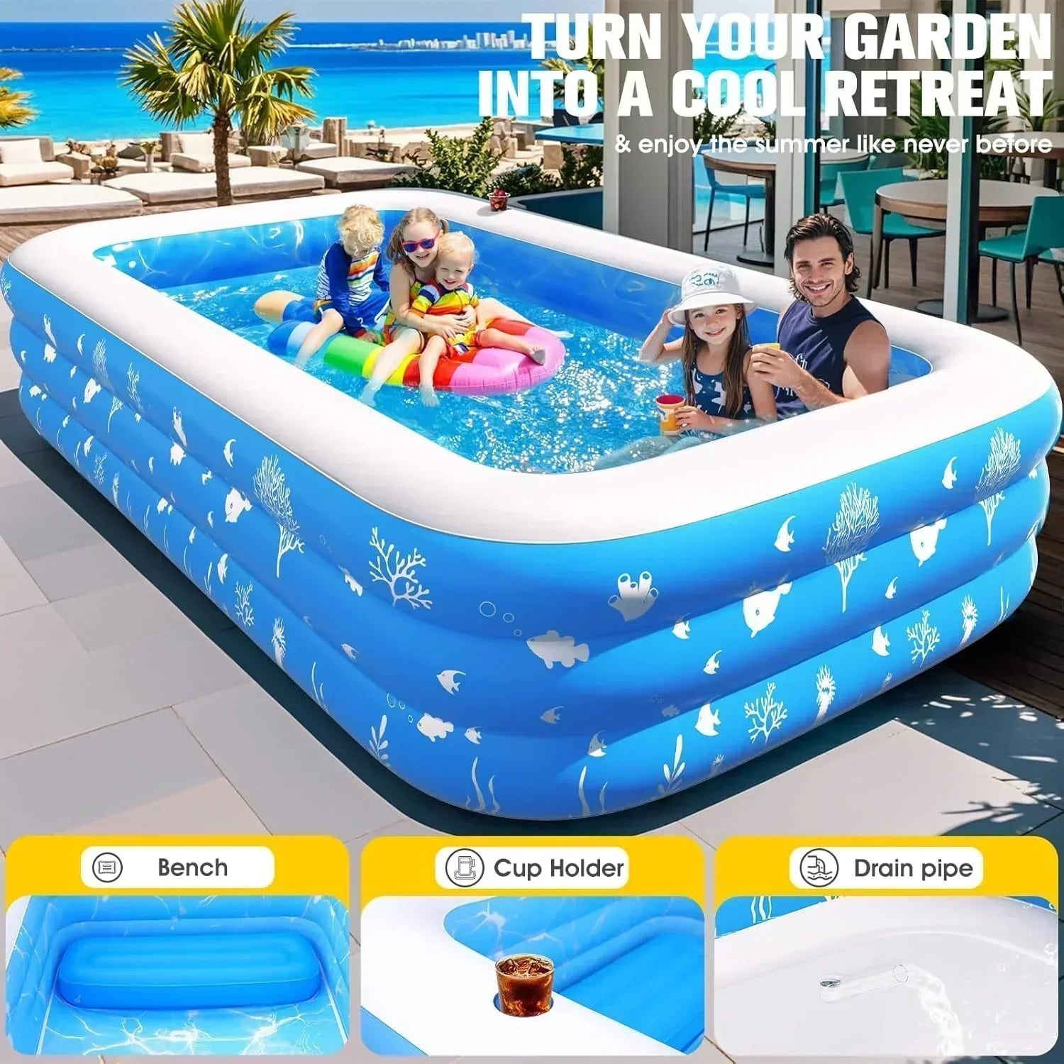 Inflatable Pool with Seat and Pool Lights Durable Thickened Large Size Family Inflatable Pools wourant