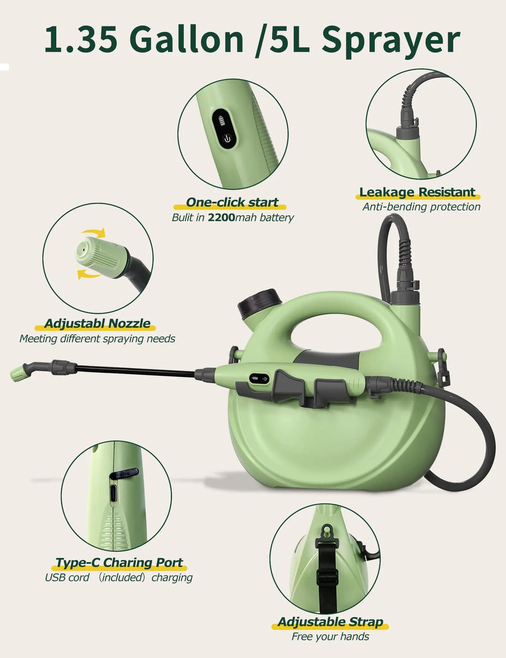 1.35 Gallon Electric Garden Sprayer Telescopic Wand Adjustable Nozzle USB Rechargeable Jumpsub