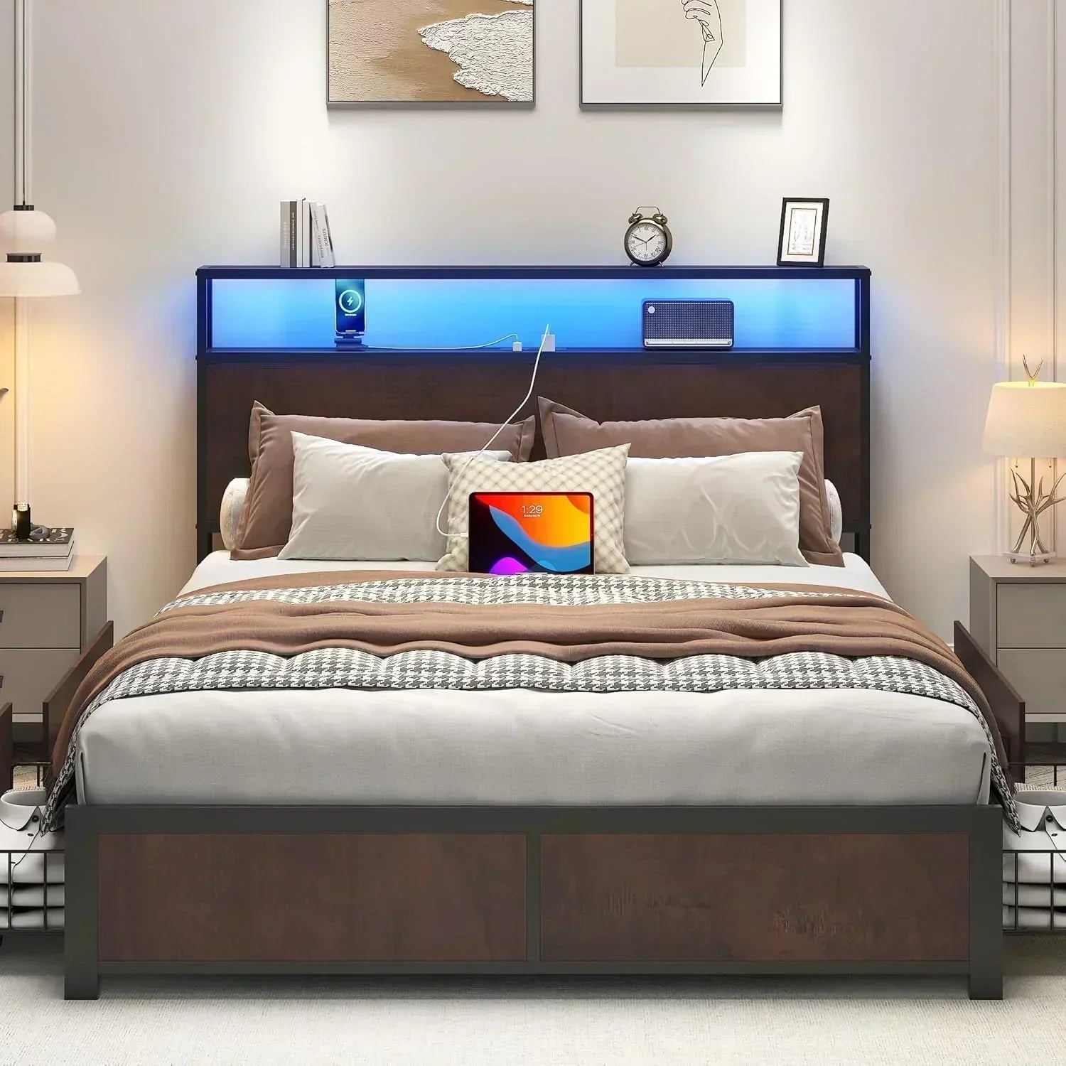 Lifezone Queen Bed Frame 2-Tier Storage Headboard Metal Platform Bed Frame 4 Storage Drawers wourant