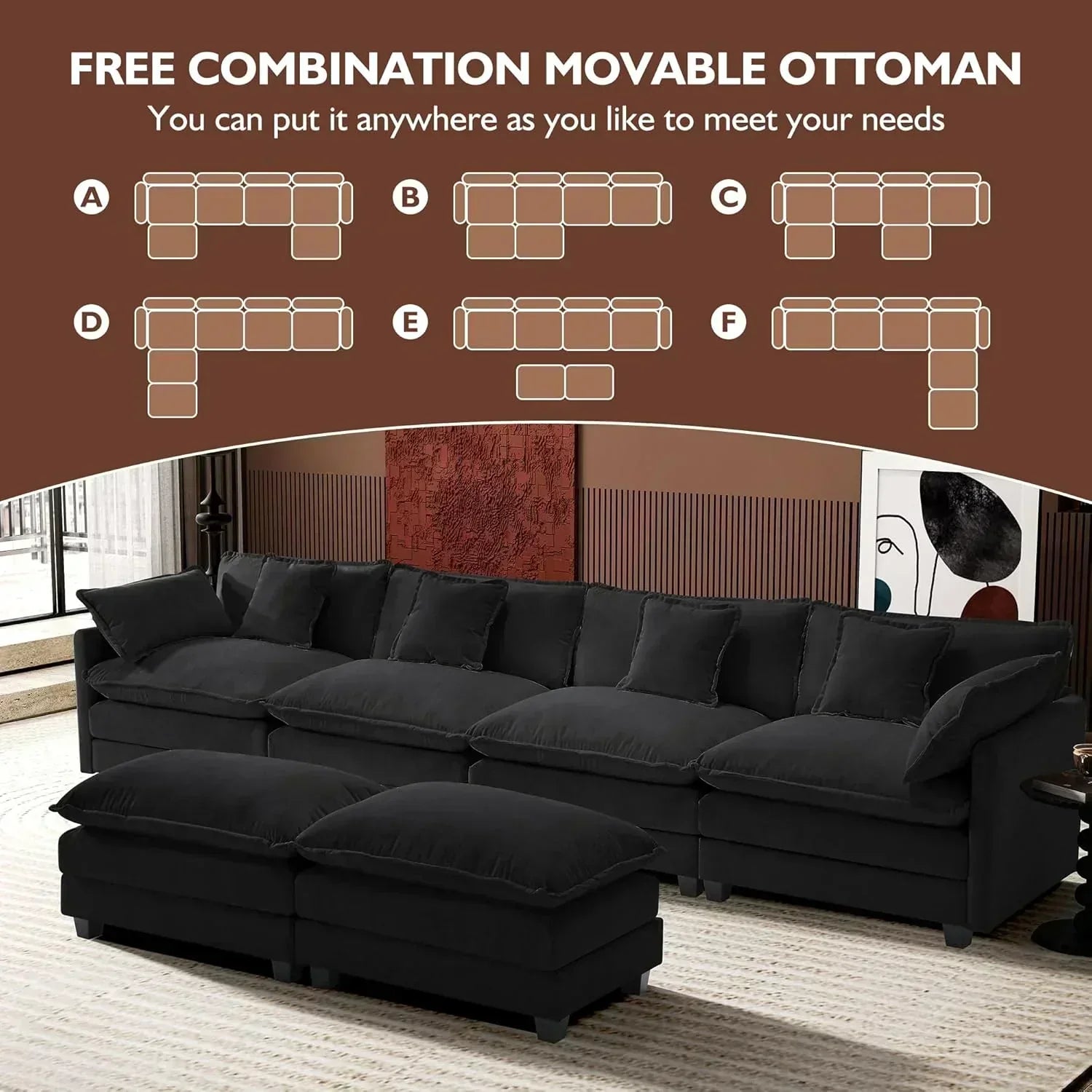 111.4 Inch L Shaped Modern Sofa Modular Cloud Sofa with Ottoman 4 Seater Chenille Deep Seat Sofa wourant