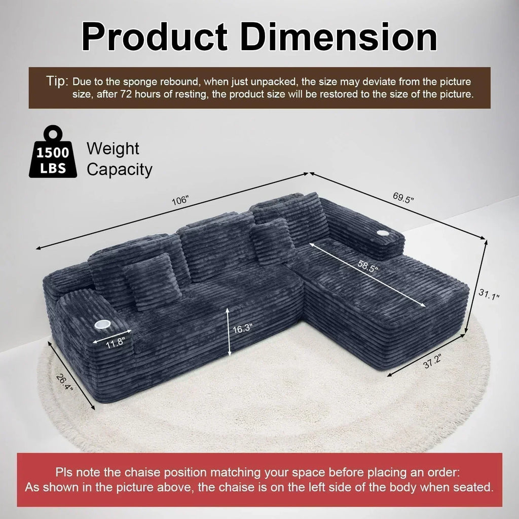 Cloud section sofa with L-shaped recliner modern modular sofa built-in cup holder wourant
