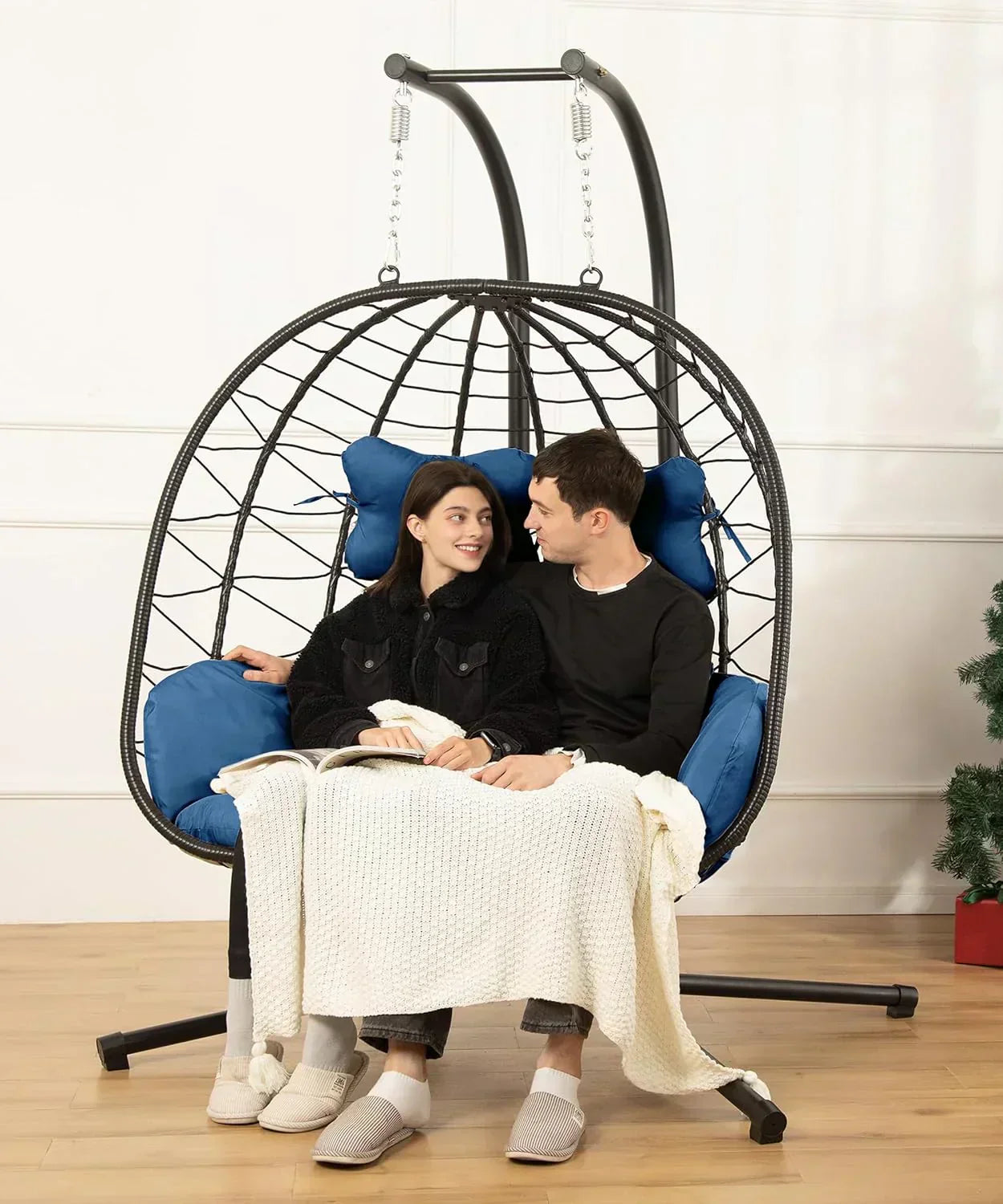 Double Egg Chair wth Stand Hammock Swing Chair Foldable Hanging Loveseat UV Resistant wourant