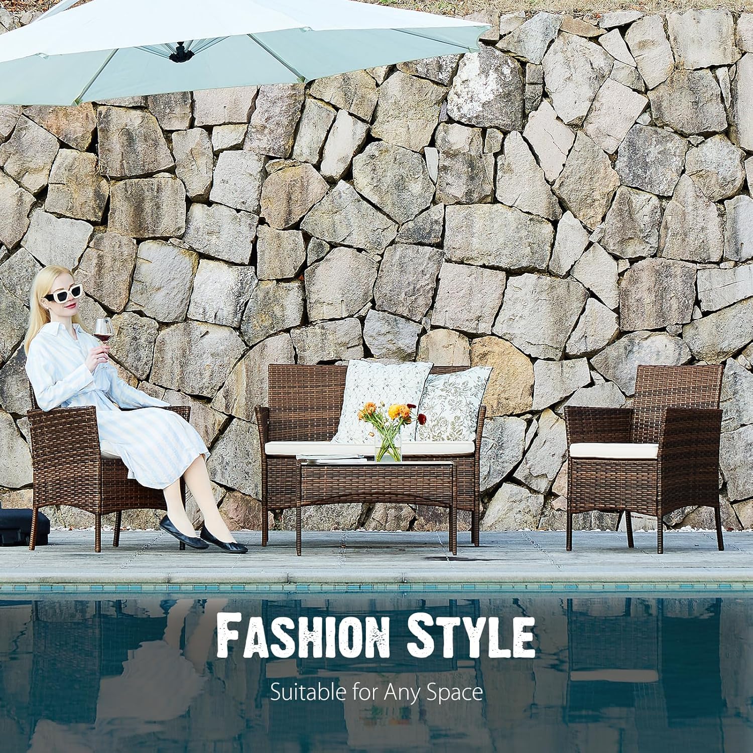 Sweetcripy Patio Furniture Set 3 Pieces Outdoor Furniture with Soft Cushion and Glass Table wourant