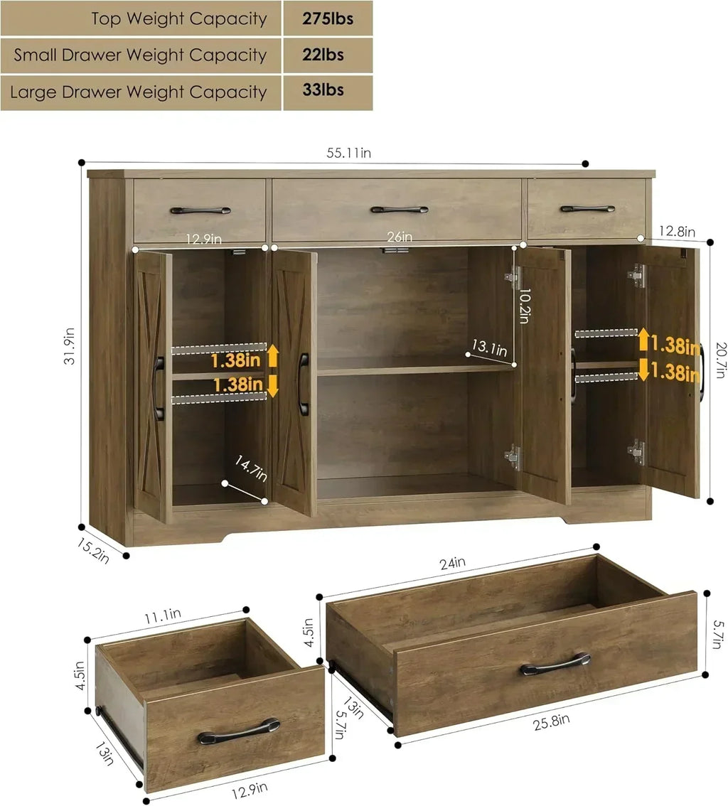 Sideboard with drawers large 55-inch sideboard modern farmhouse wood kitchen dining table wourant