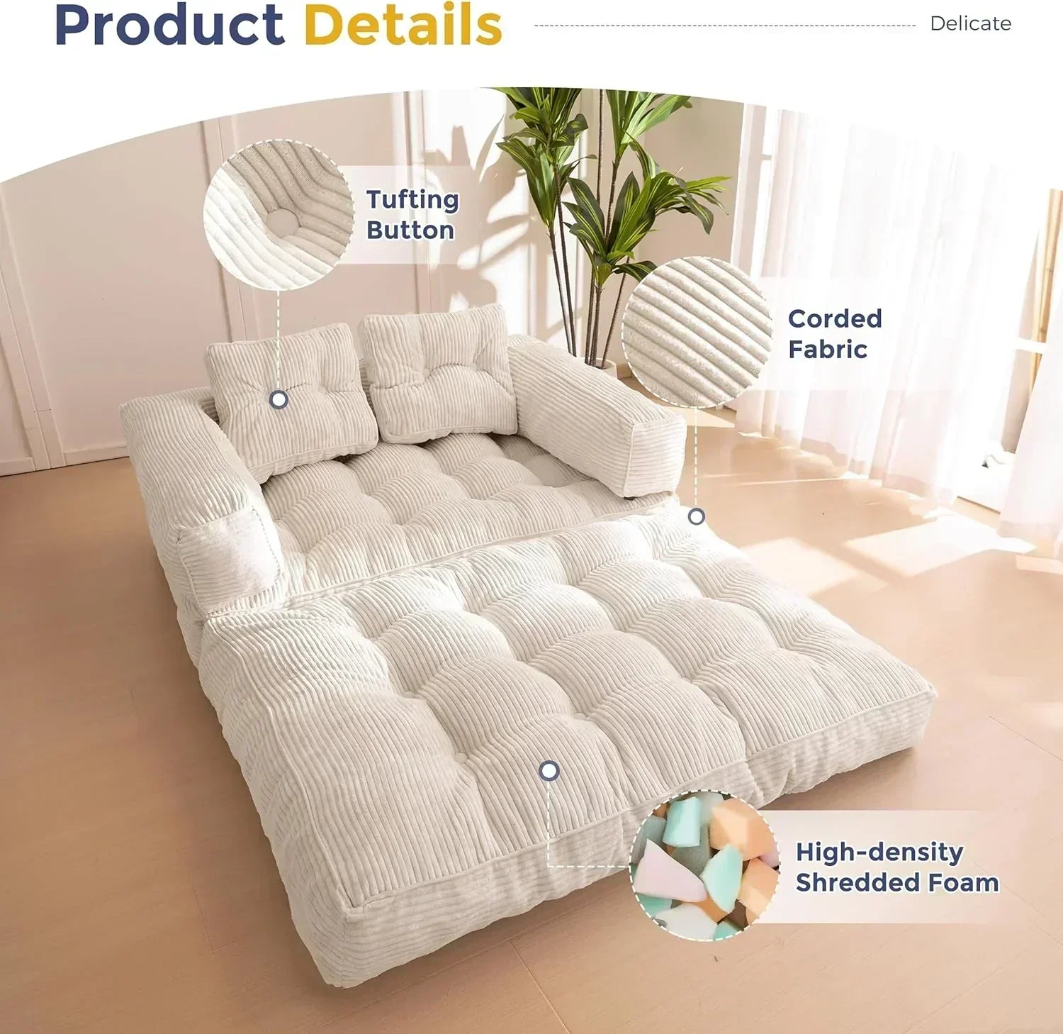 Folding Sofa Bed L-Shaped Convertible Sofa Bed with Armrests and Pillows wourant