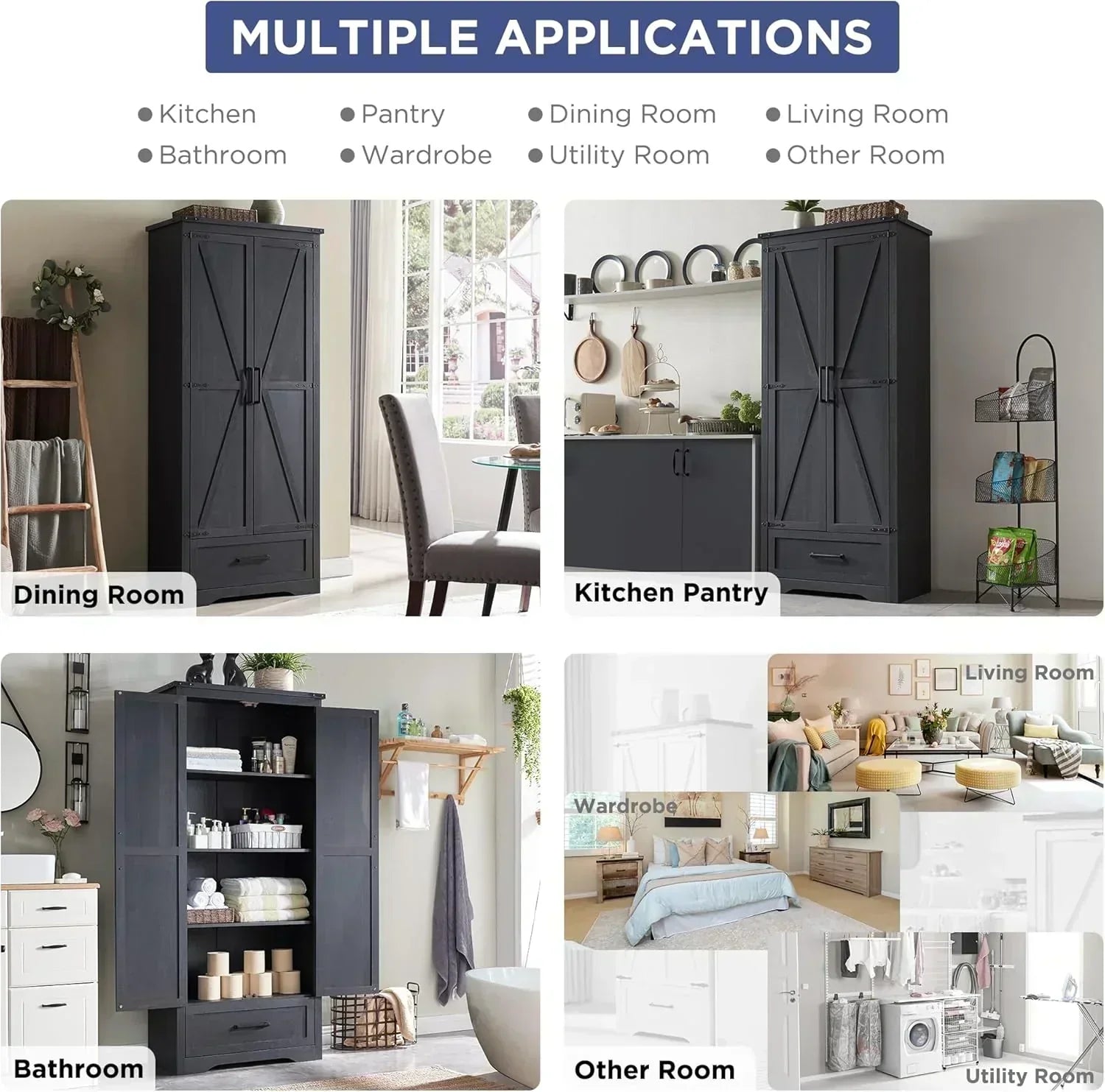 JXQTLINGMU Farmhouse Kitchen Pantry 72" Tall Wood Kitchen Storage Cabinet Adjustable Shelves wourant
