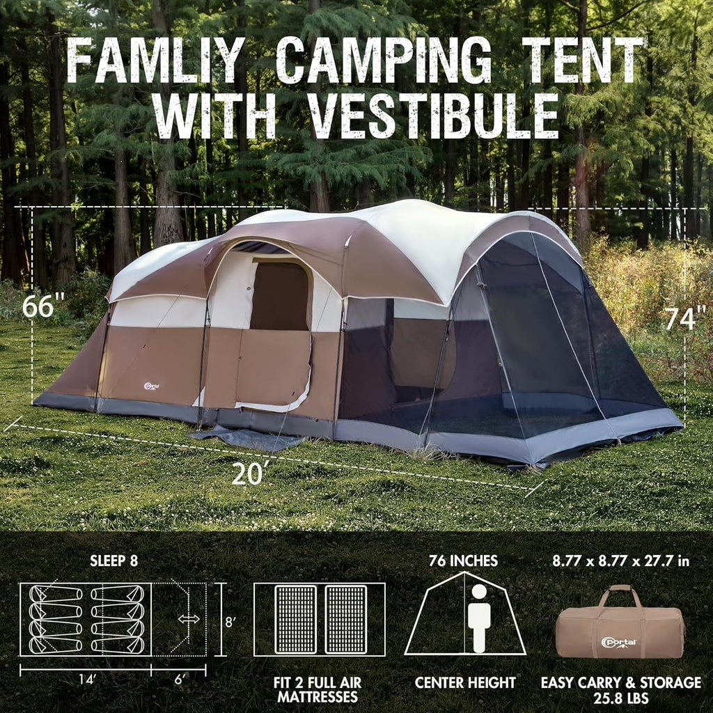 PORTAL 6/8/10 Person Family Camping Tent with Screen Room Water Resistant Big Tunnel Tent wourant