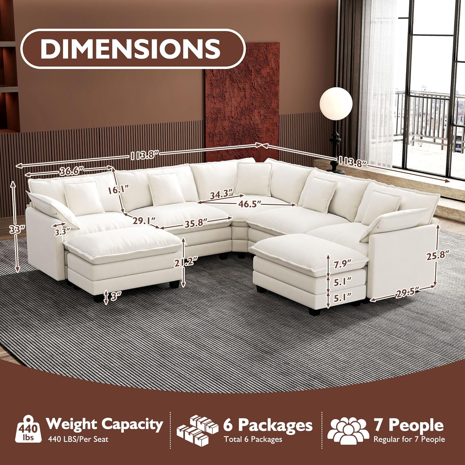 ihanherry 146-inch U-shaped modern sofa modular area cloud sofa wourant
