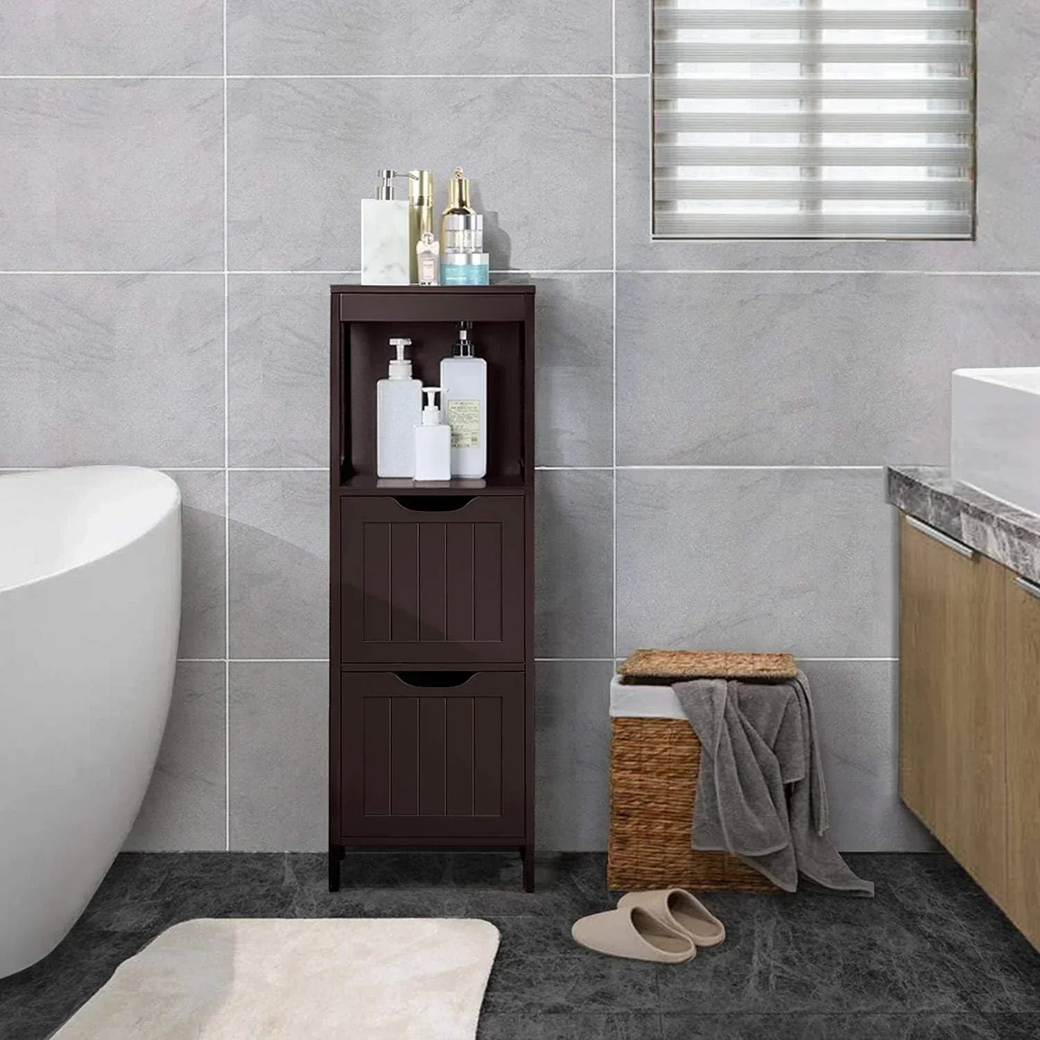 Bathroom Floor Cabinet Wooden Storage Cabinet with 2 Drawers Multifunctional Side Organizer Rack wourant