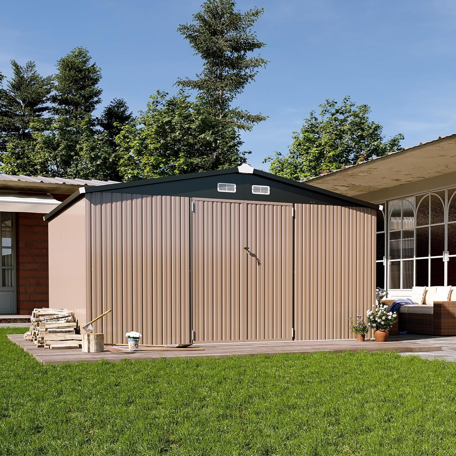 Aoxun 12x10 FT Shed Metal Outdoor Waterproof Storage Shed Steel Utility Garden Tool Shed wourant